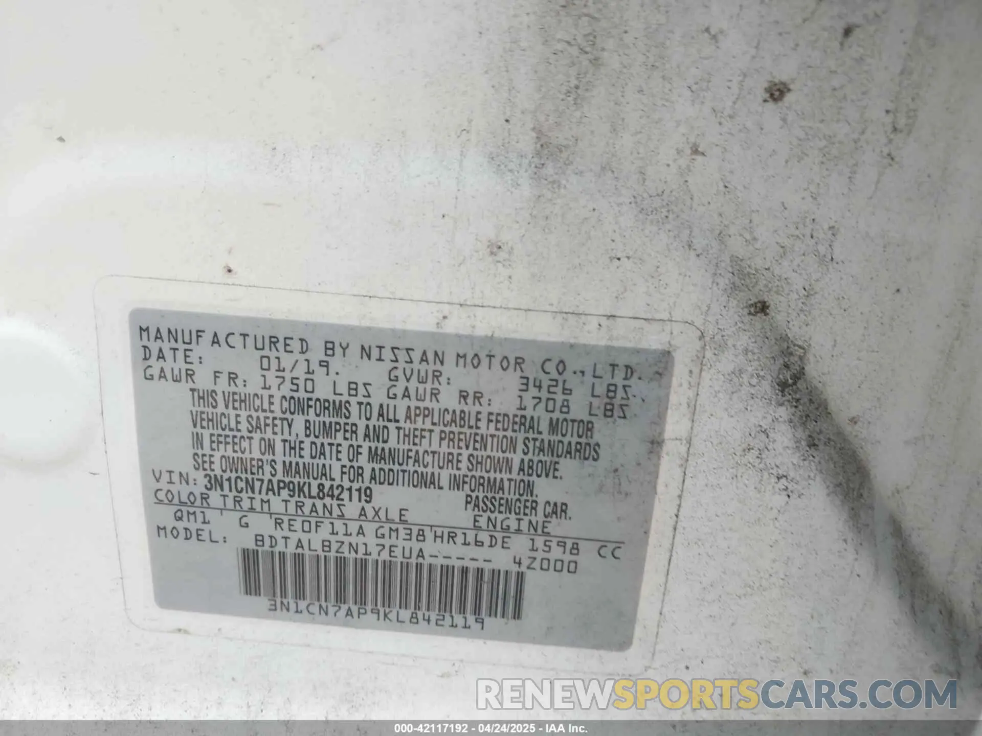 9 Photograph of a damaged car 3N1CN7AP9KL842119 NISSAN VERSA 2019