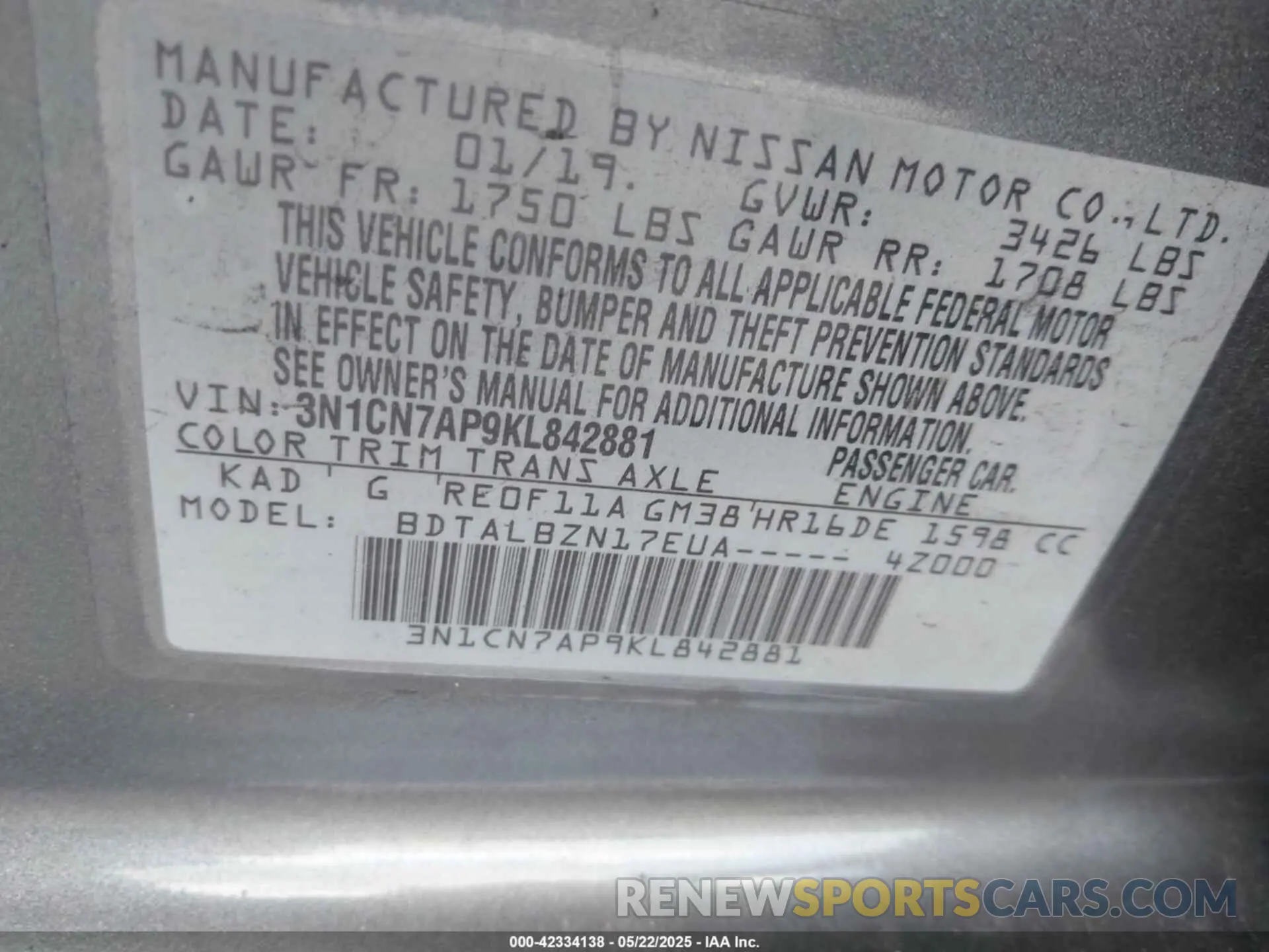 9 Photograph of a damaged car 3N1CN7AP9KL842881 NISSAN VERSA 2019