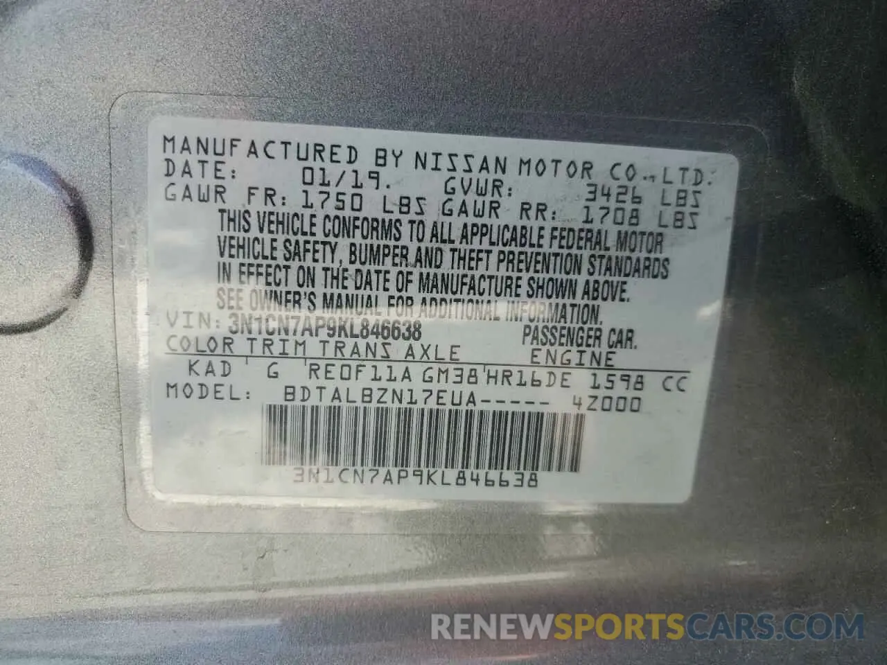 12 Photograph of a damaged car 3N1CN7AP9KL846638 NISSAN VERSA 2019