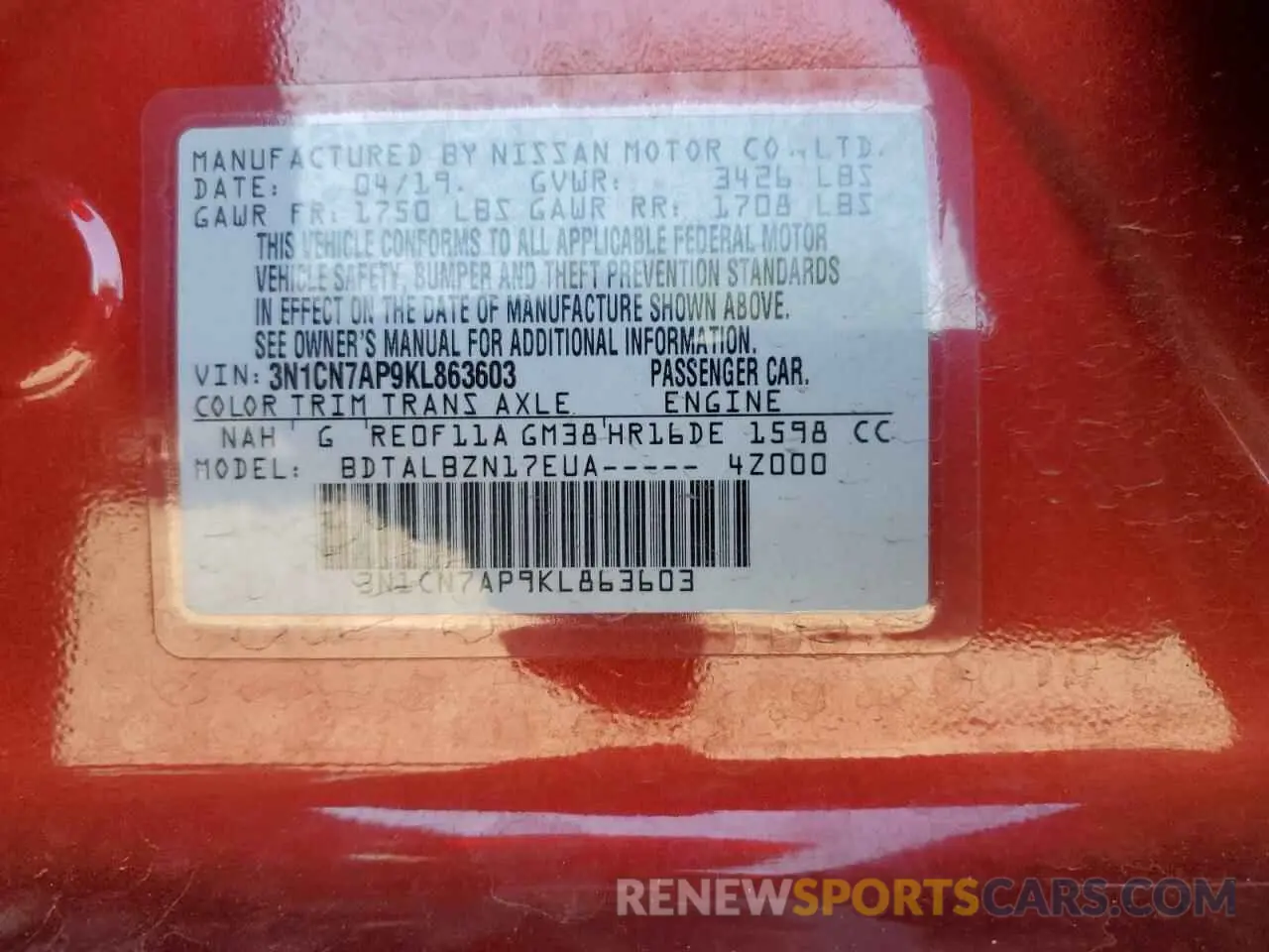 12 Photograph of a damaged car 3N1CN7AP9KL863603 NISSAN VERSA 2019