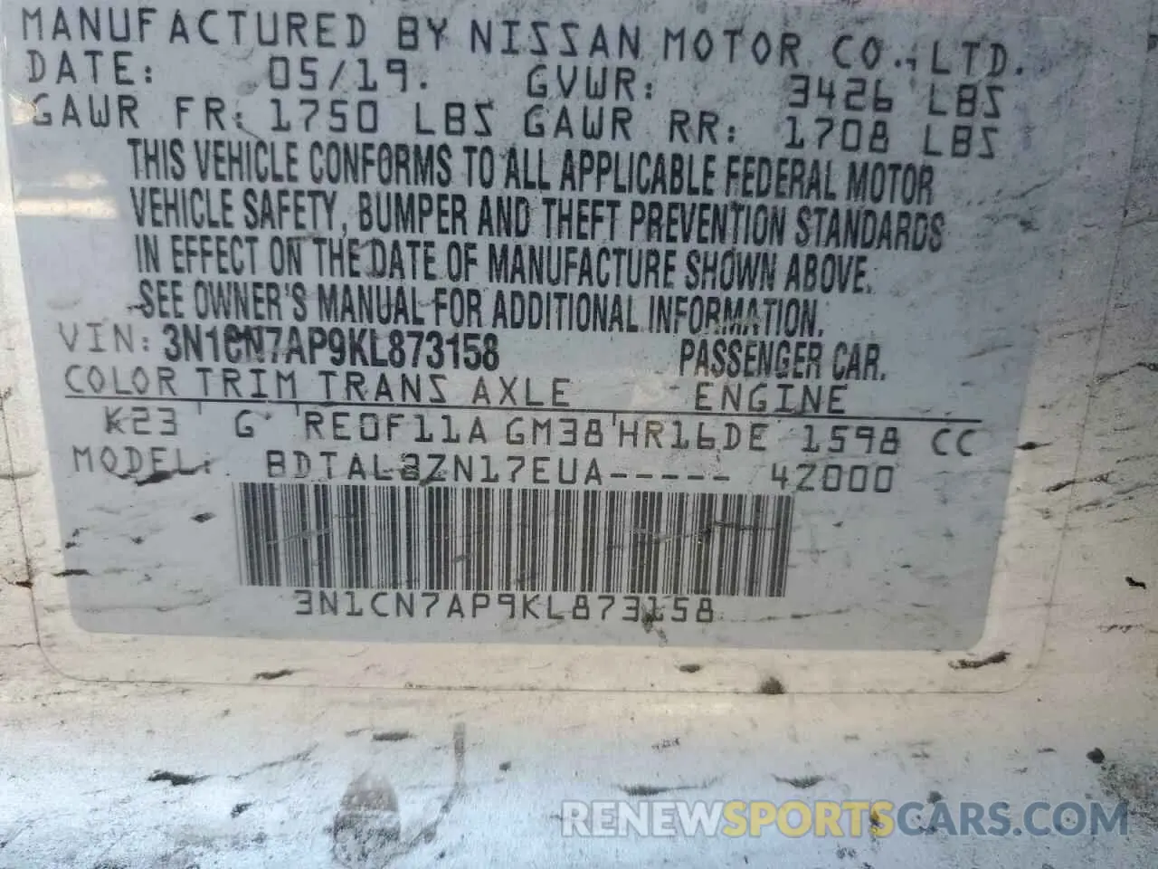 13 Photograph of a damaged car 3N1CN7AP9KL873158 NISSAN VERSA 2019