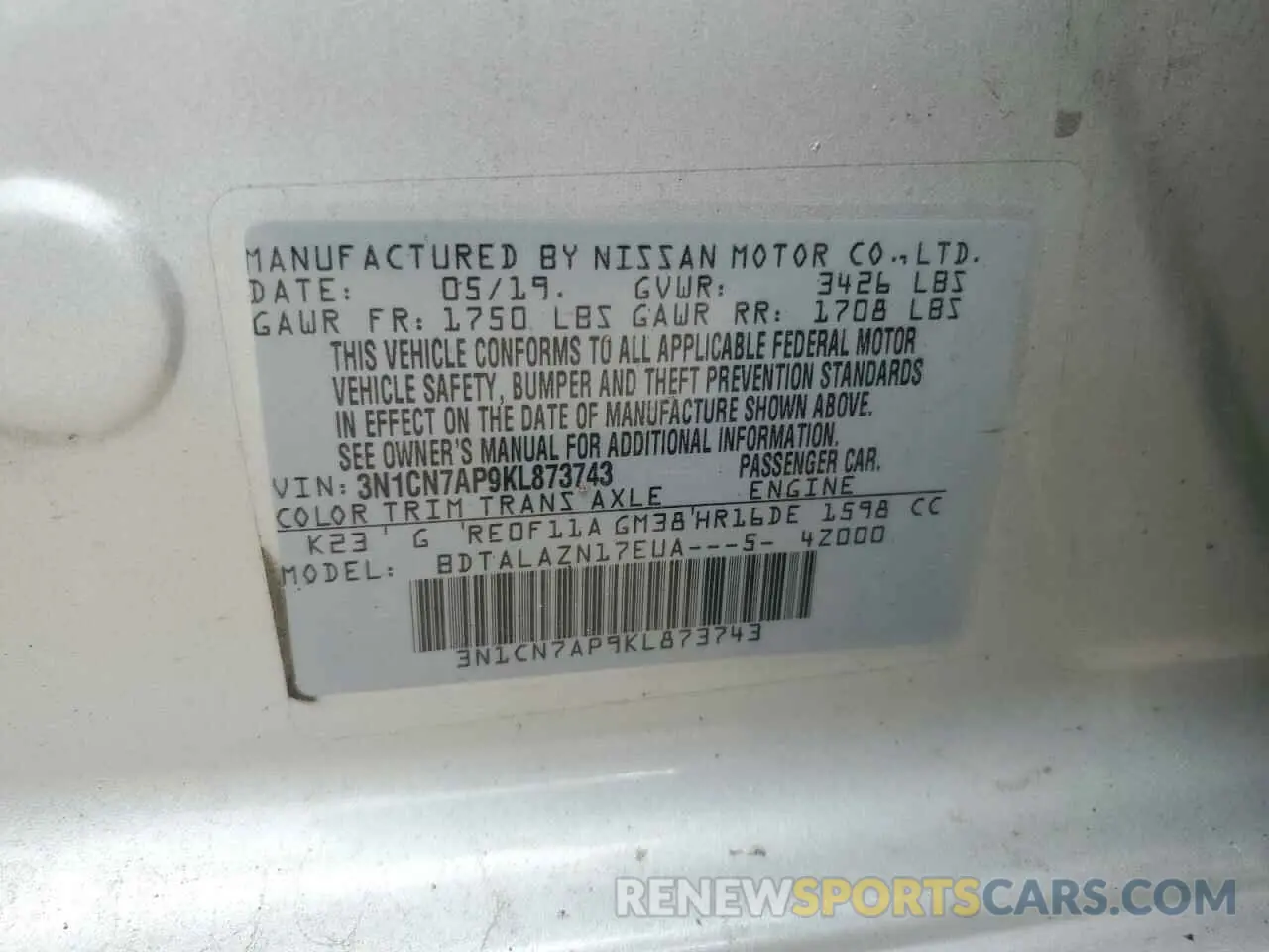 12 Photograph of a damaged car 3N1CN7AP9KL873743 NISSAN VERSA 2019