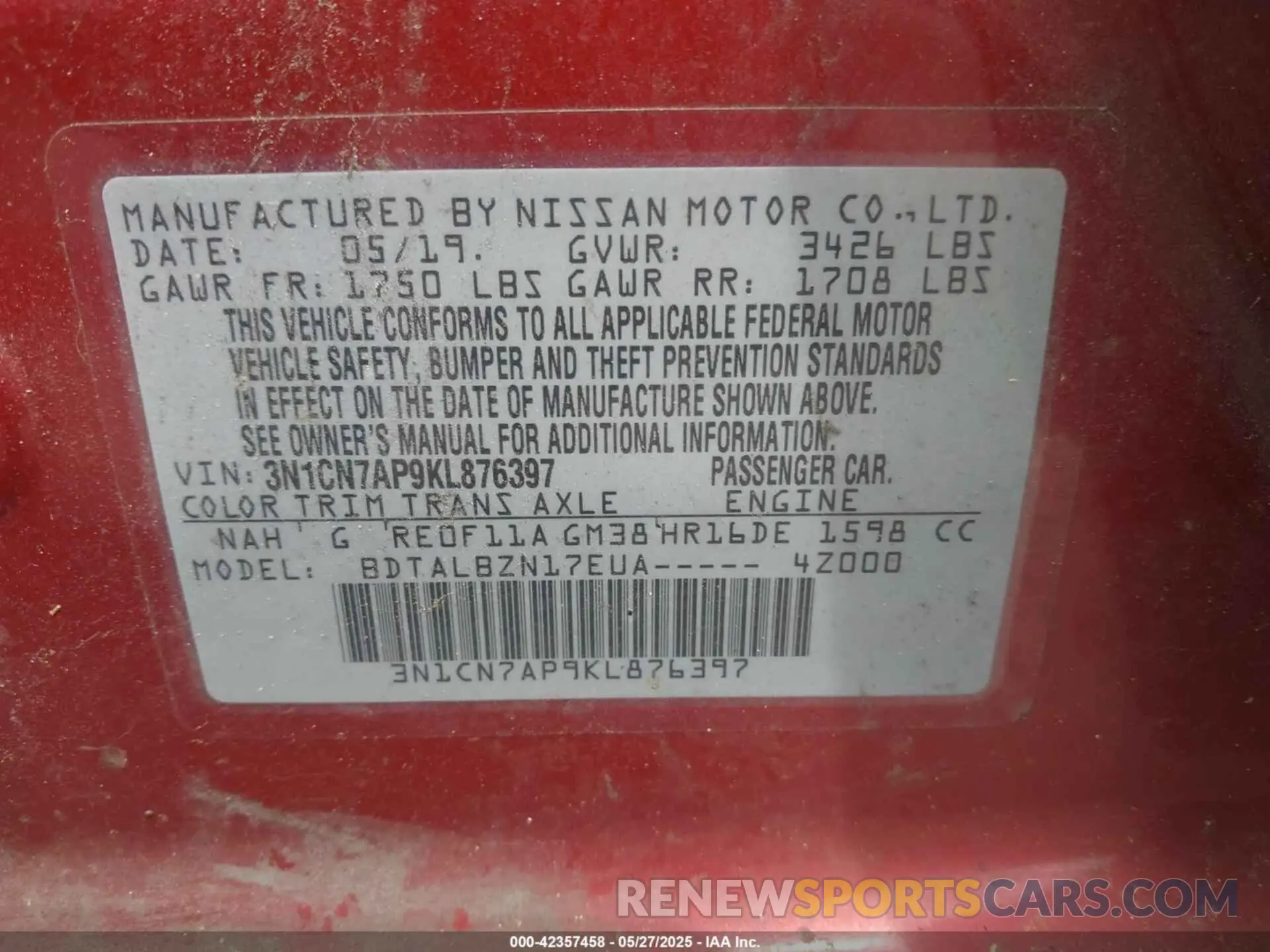9 Photograph of a damaged car 3N1CN7AP9KL876397 NISSAN VERSA 2019