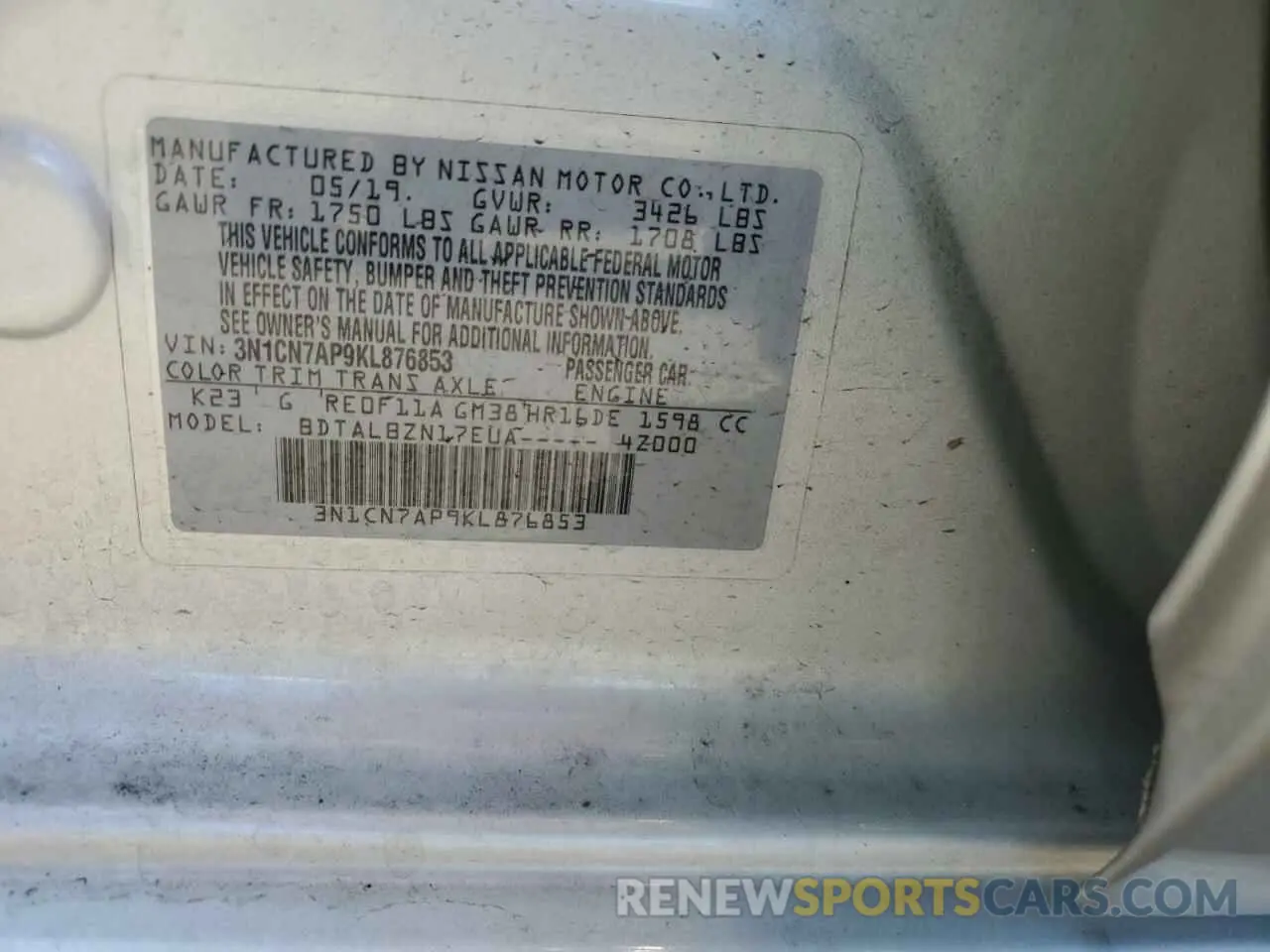 12 Photograph of a damaged car 3N1CN7AP9KL876853 NISSAN VERSA 2019