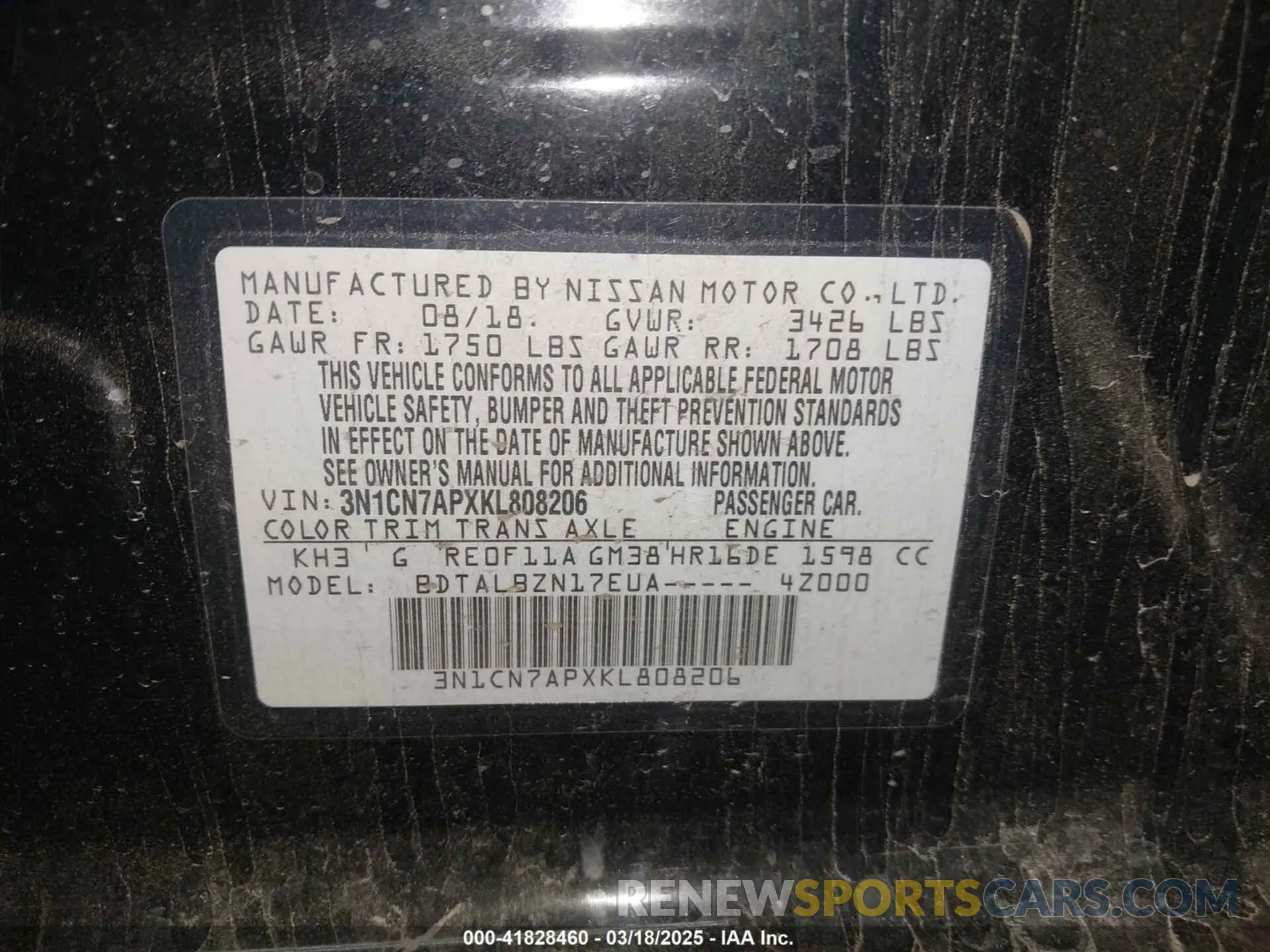 9 Photograph of a damaged car 3N1CN7APXKL808206 NISSAN VERSA 2019