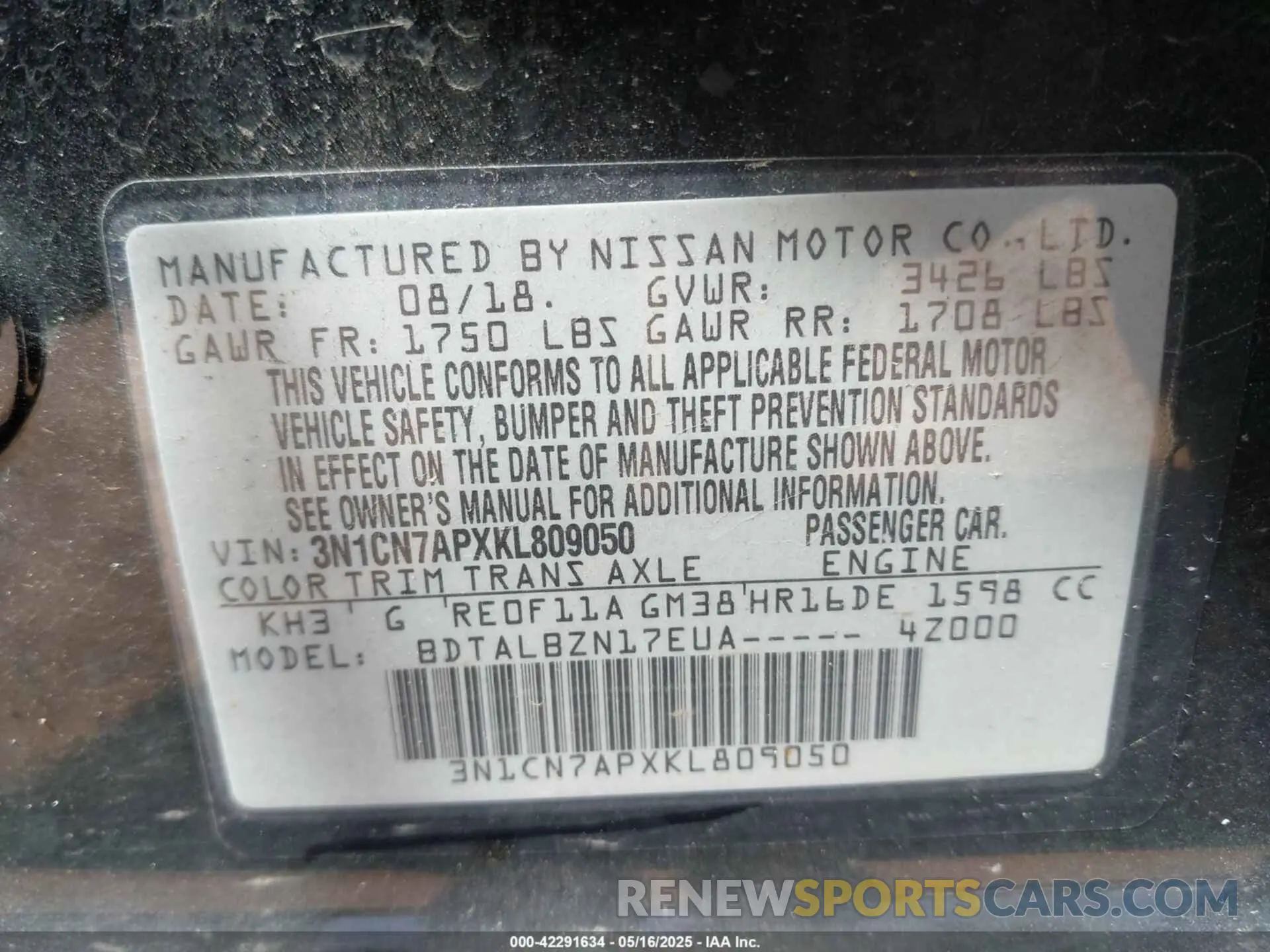 9 Photograph of a damaged car 3N1CN7APXKL809050 NISSAN VERSA 2019