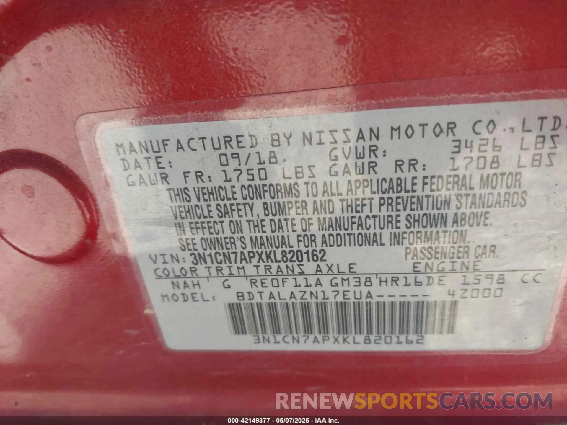 9 Photograph of a damaged car 3N1CN7APXKL820162 NISSAN VERSA 2019