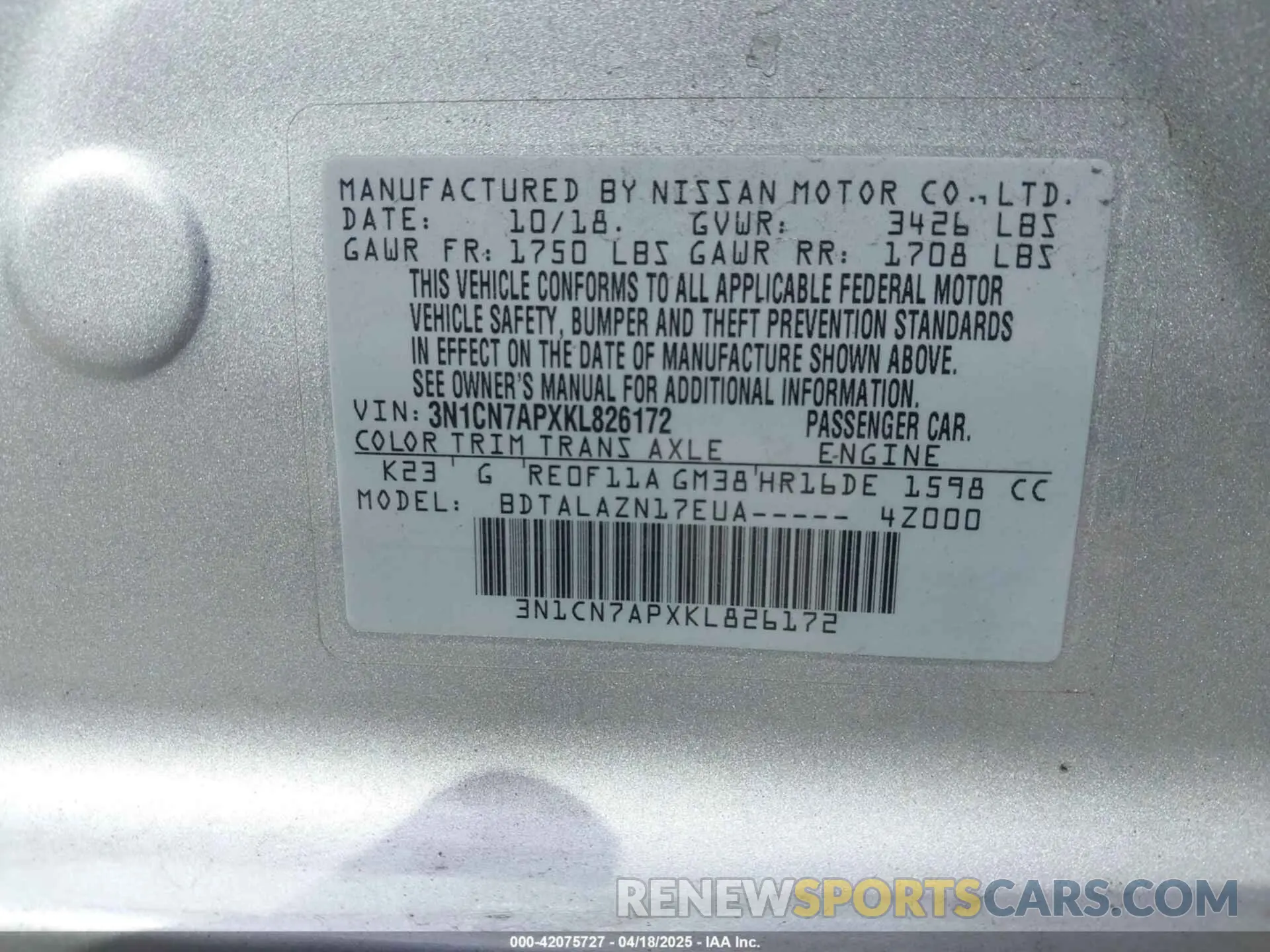 9 Photograph of a damaged car 3N1CN7APXKL826172 NISSAN VERSA 2019