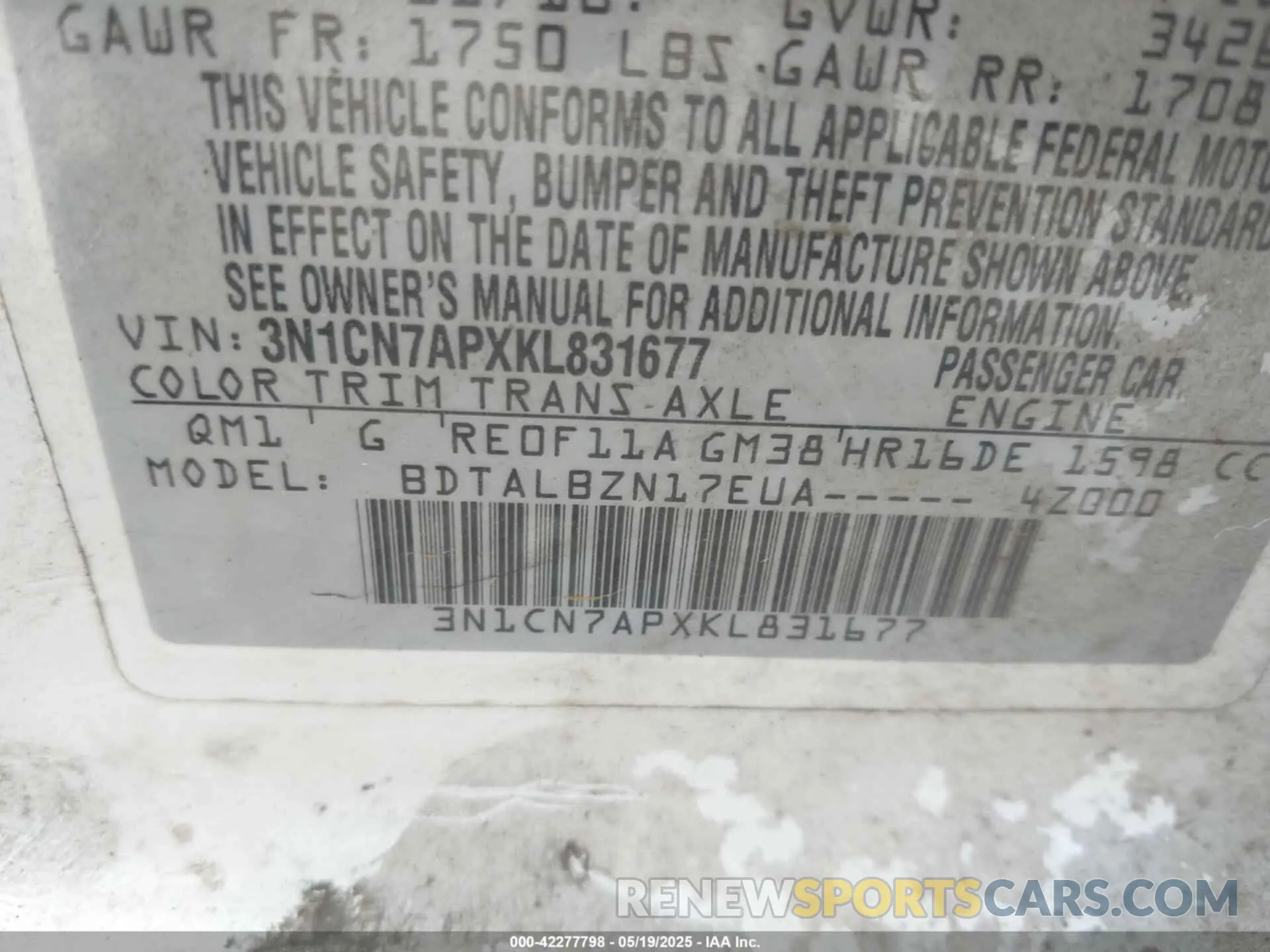 9 Photograph of a damaged car 3N1CN7APXKL831677 NISSAN VERSA 2019