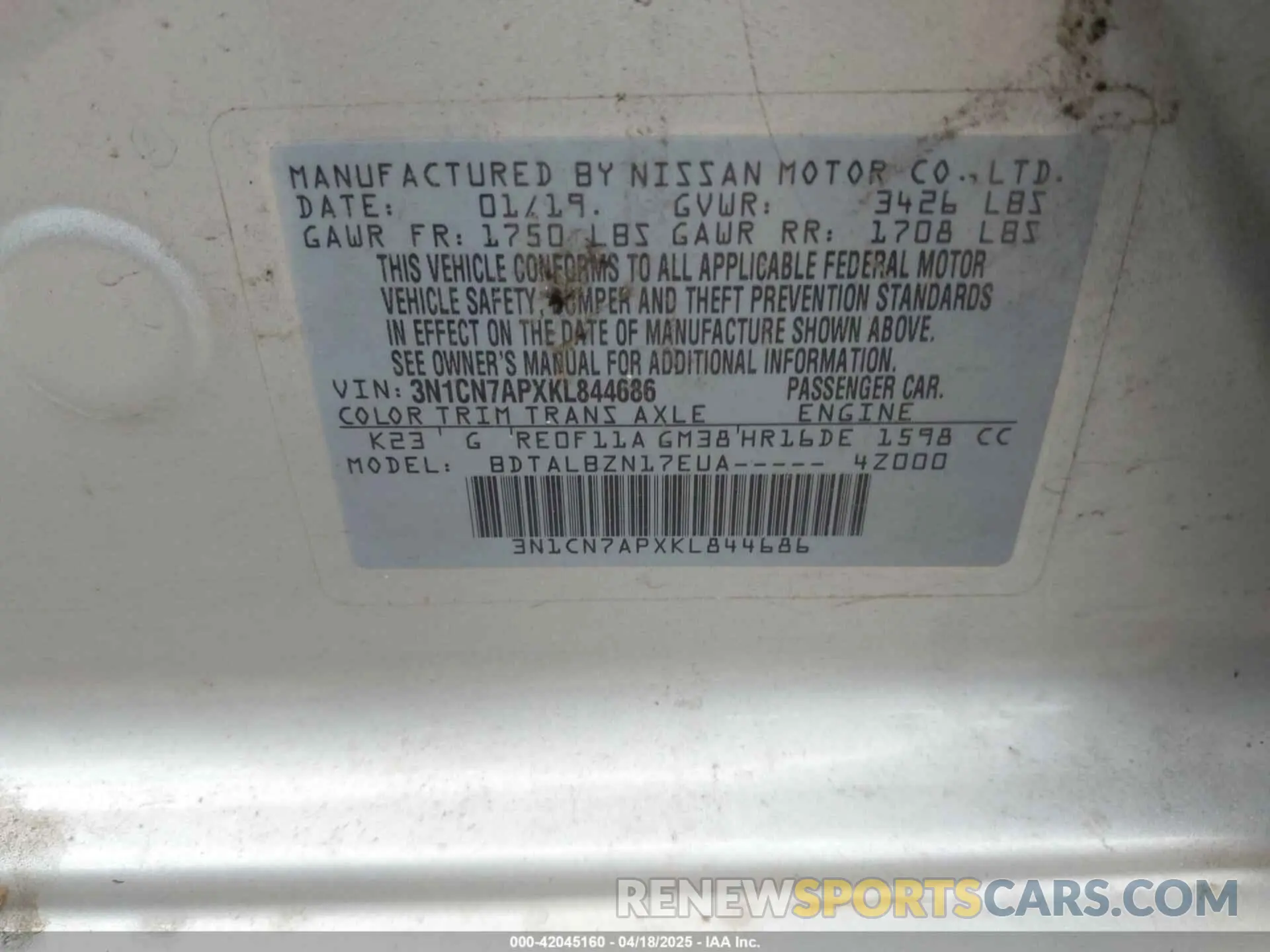 9 Photograph of a damaged car 3N1CN7APXKL844686 NISSAN VERSA 2019