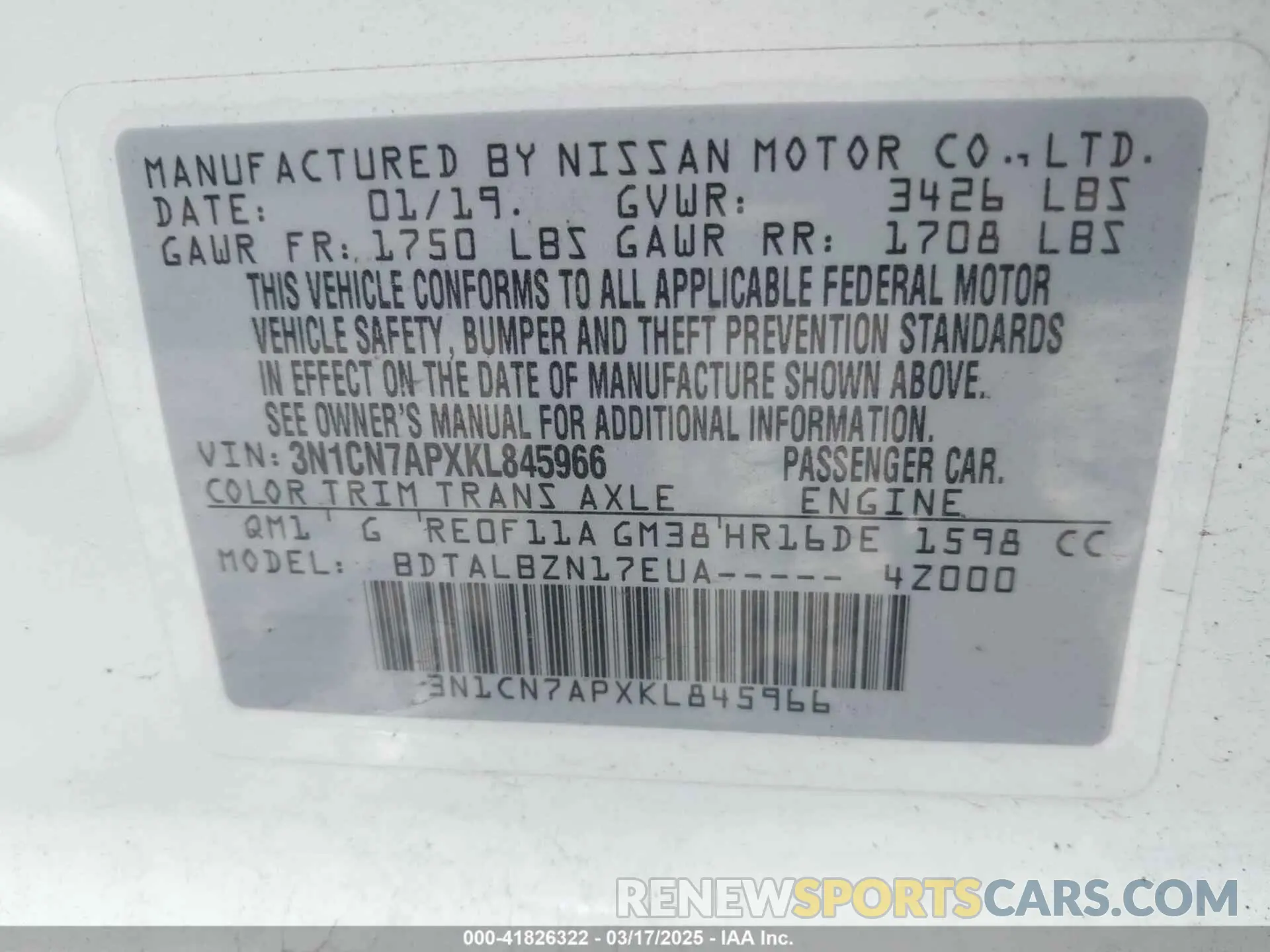 9 Photograph of a damaged car 3N1CN7APXKL845966 NISSAN VERSA 2019