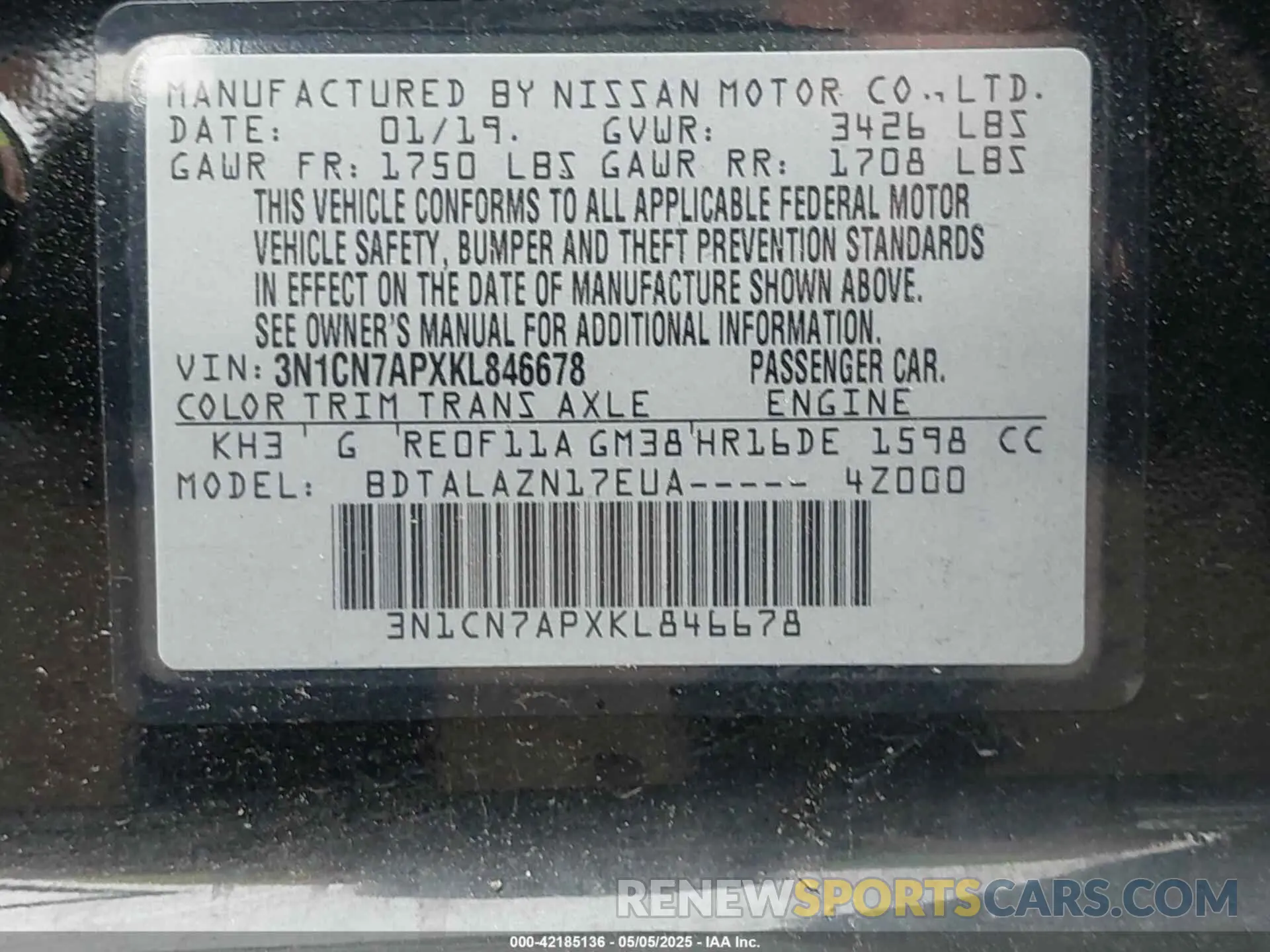 9 Photograph of a damaged car 3N1CN7APXKL846678 NISSAN VERSA 2019