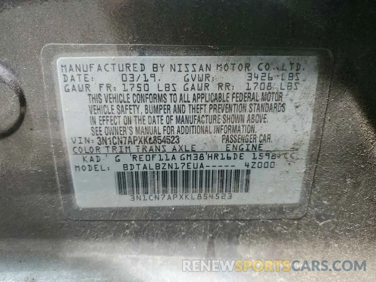 13 Photograph of a damaged car 3N1CN7APXKL854523 NISSAN VERSA 2019