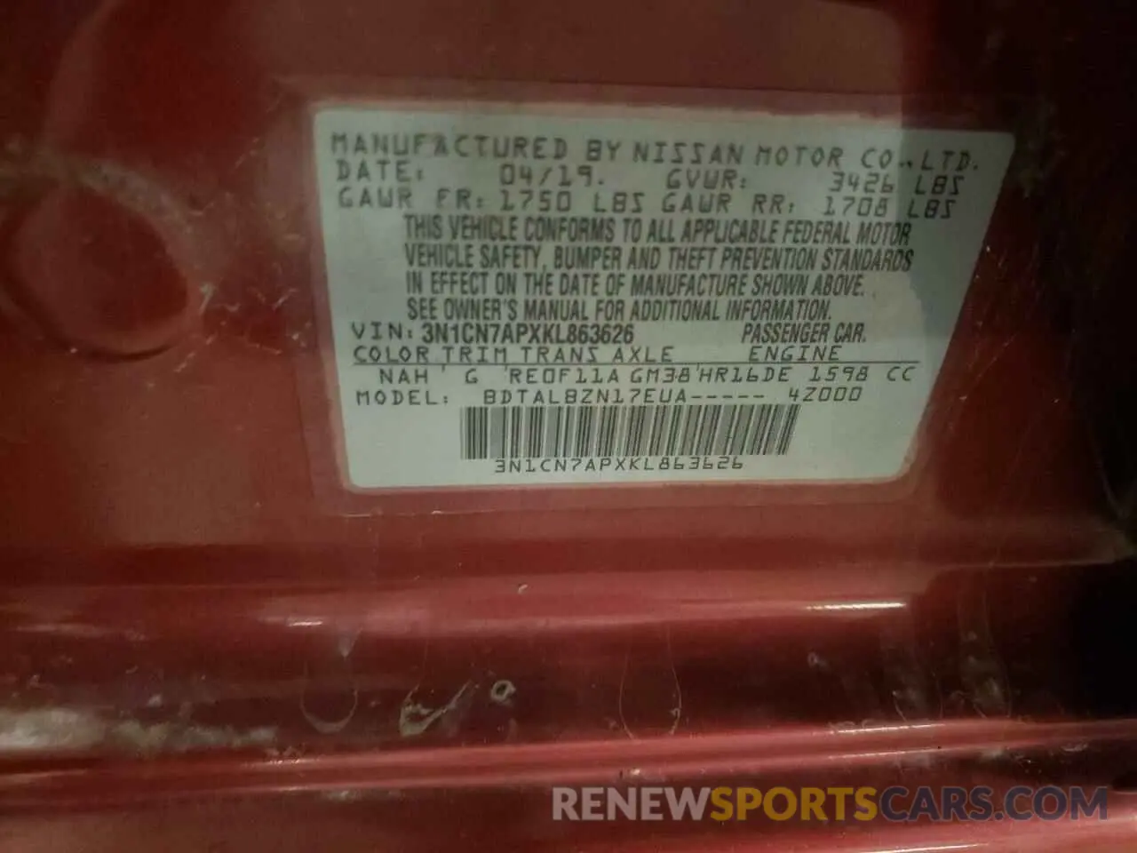 12 Photograph of a damaged car 3N1CN7APXKL863626 NISSAN VERSA 2019