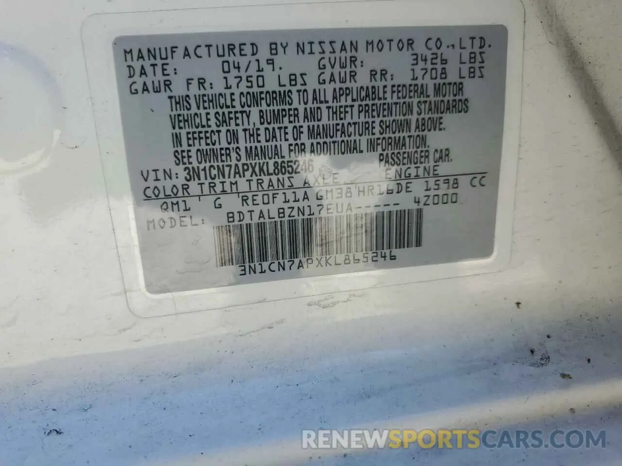 13 Photograph of a damaged car 3N1CN7APXKL865246 NISSAN VERSA 2019