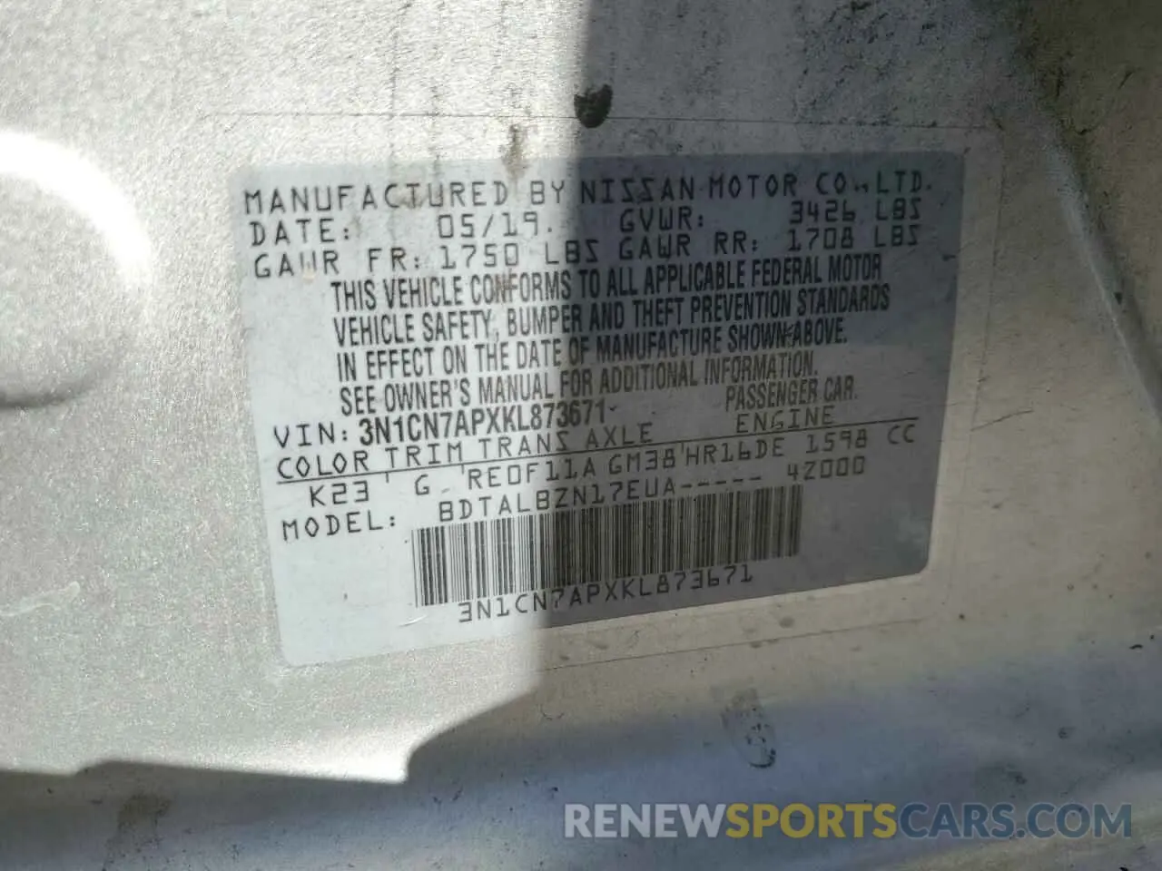 13 Photograph of a damaged car 3N1CN7APXKL873671 NISSAN VERSA 2019