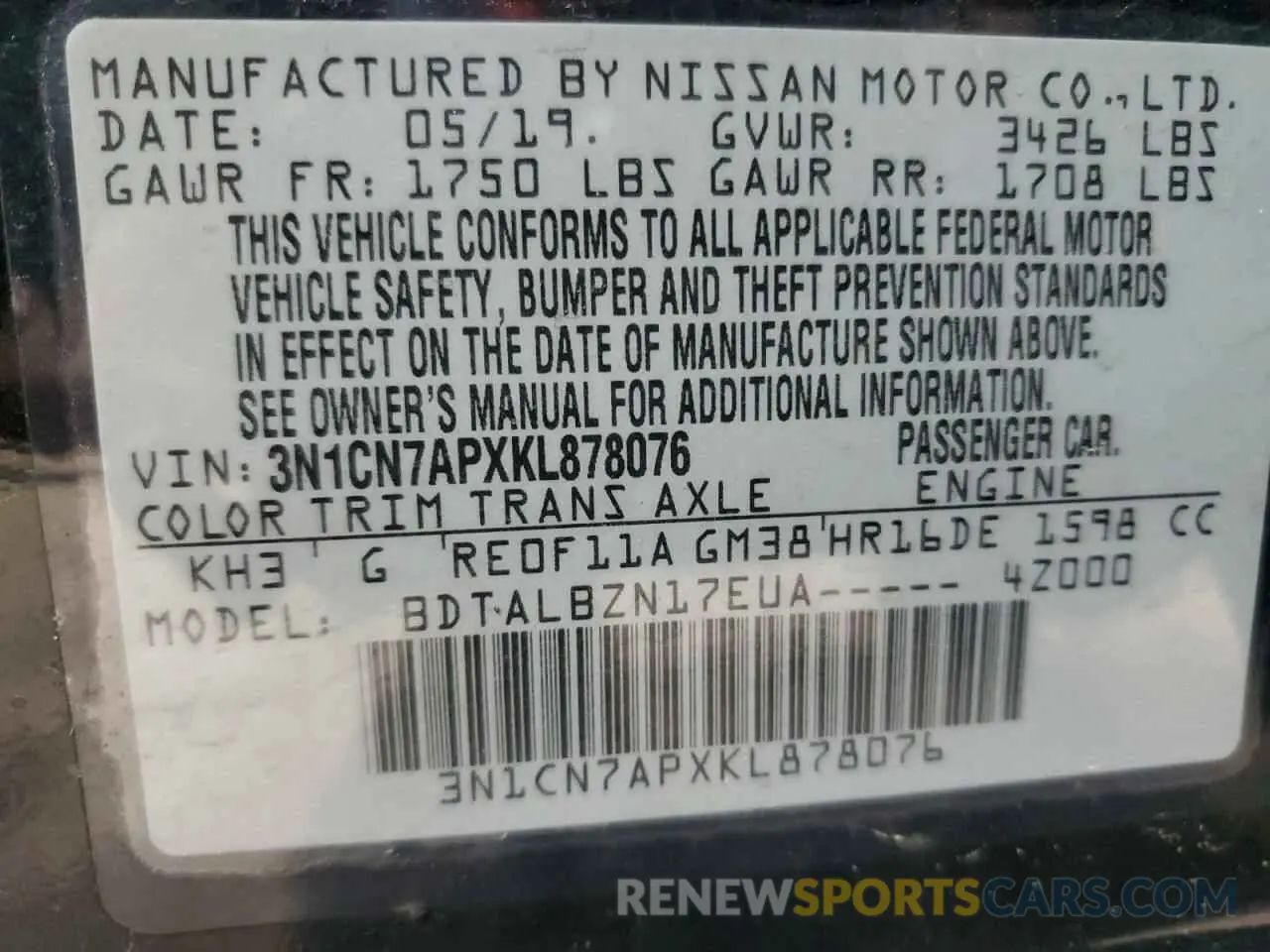 13 Photograph of a damaged car 3N1CN7APXKL878076 NISSAN VERSA 2019