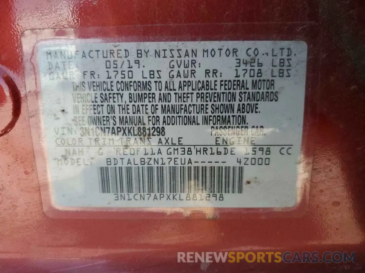 12 Photograph of a damaged car 3N1CN7APXKL881298 NISSAN VERSA 2019