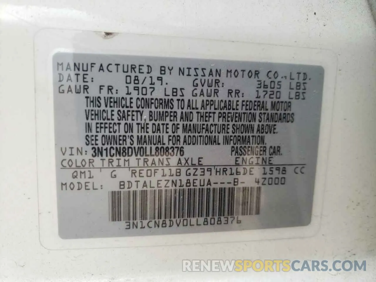 12 Photograph of a damaged car 3N1CN8DV0LL808376 NISSAN VERSA 2020