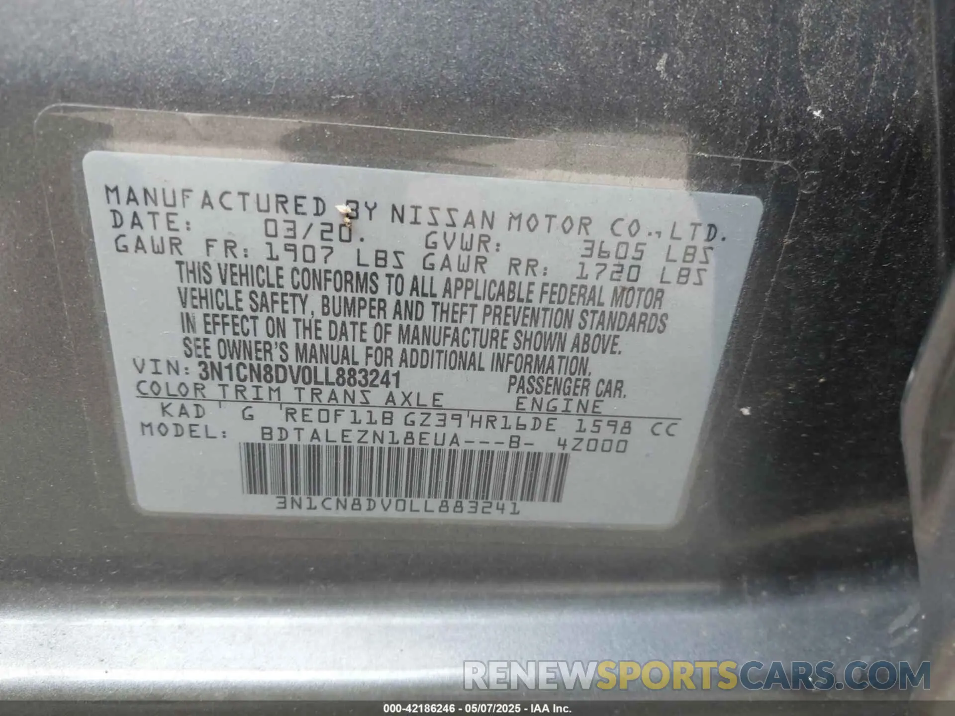 9 Photograph of a damaged car 3N1CN8DV0LL883241 NISSAN VERSA 2020