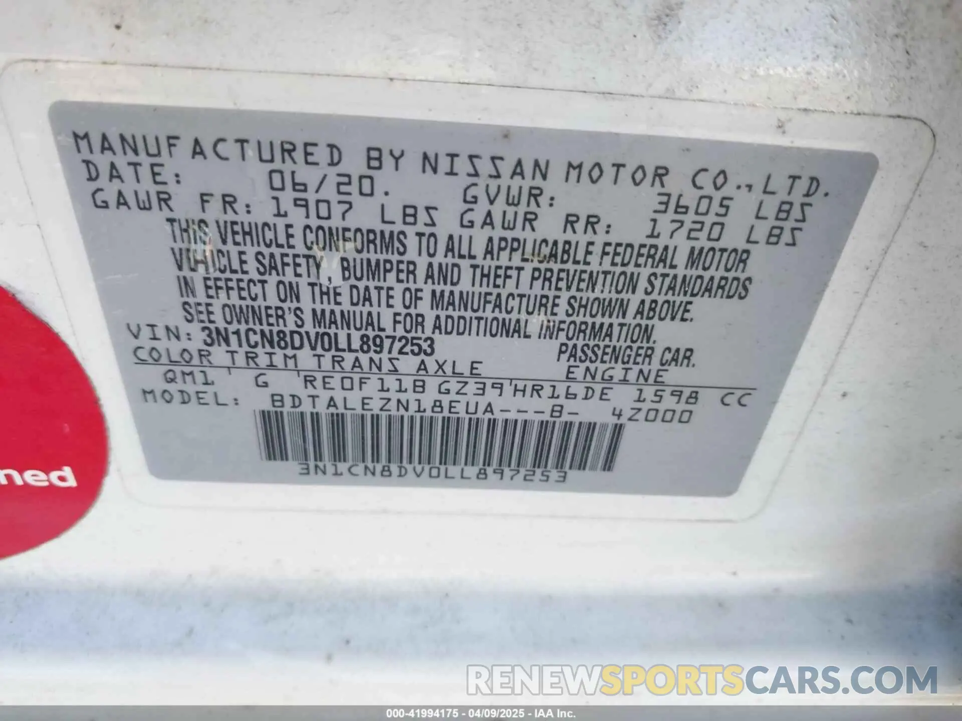 9 Photograph of a damaged car 3N1CN8DV0LL897253 NISSAN VERSA 2020
