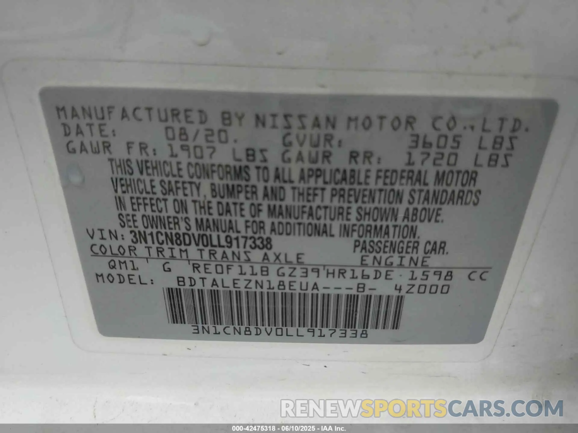 9 Photograph of a damaged car 3N1CN8DV0LL917338 NISSAN VERSA 2020