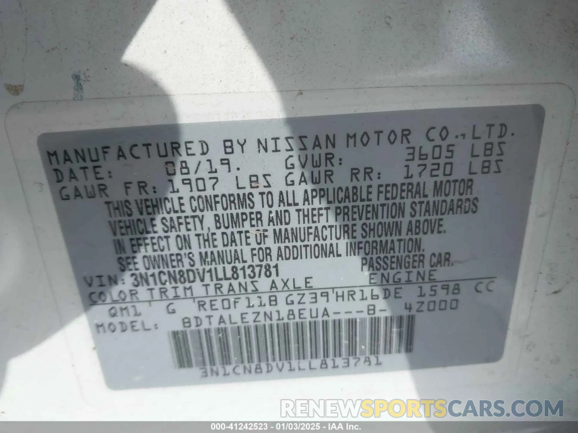 9 Photograph of a damaged car 3N1CN8DV1LL813781 NISSAN VERSA 2020