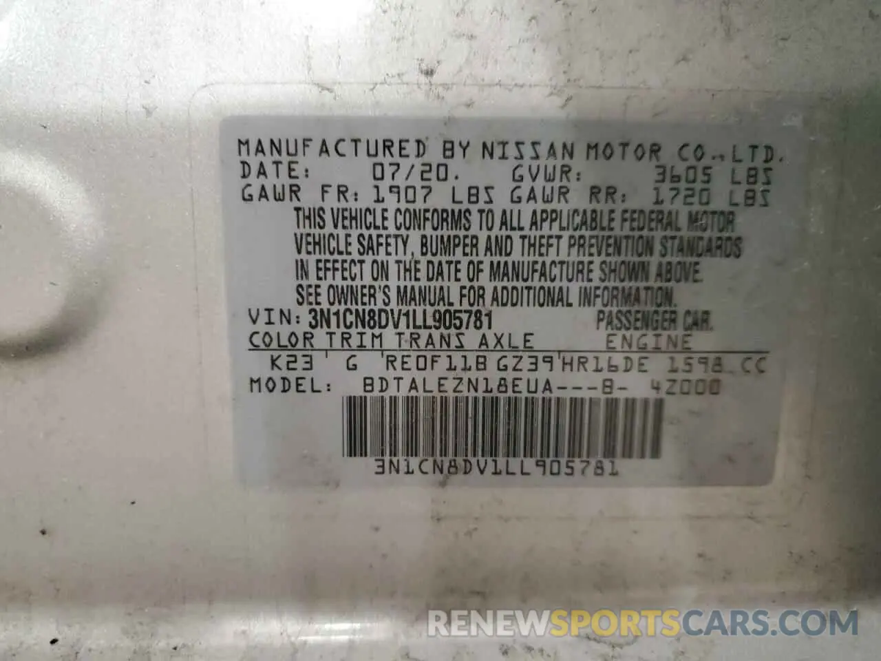 12 Photograph of a damaged car 3N1CN8DV1LL905781 NISSAN VERSA 2020