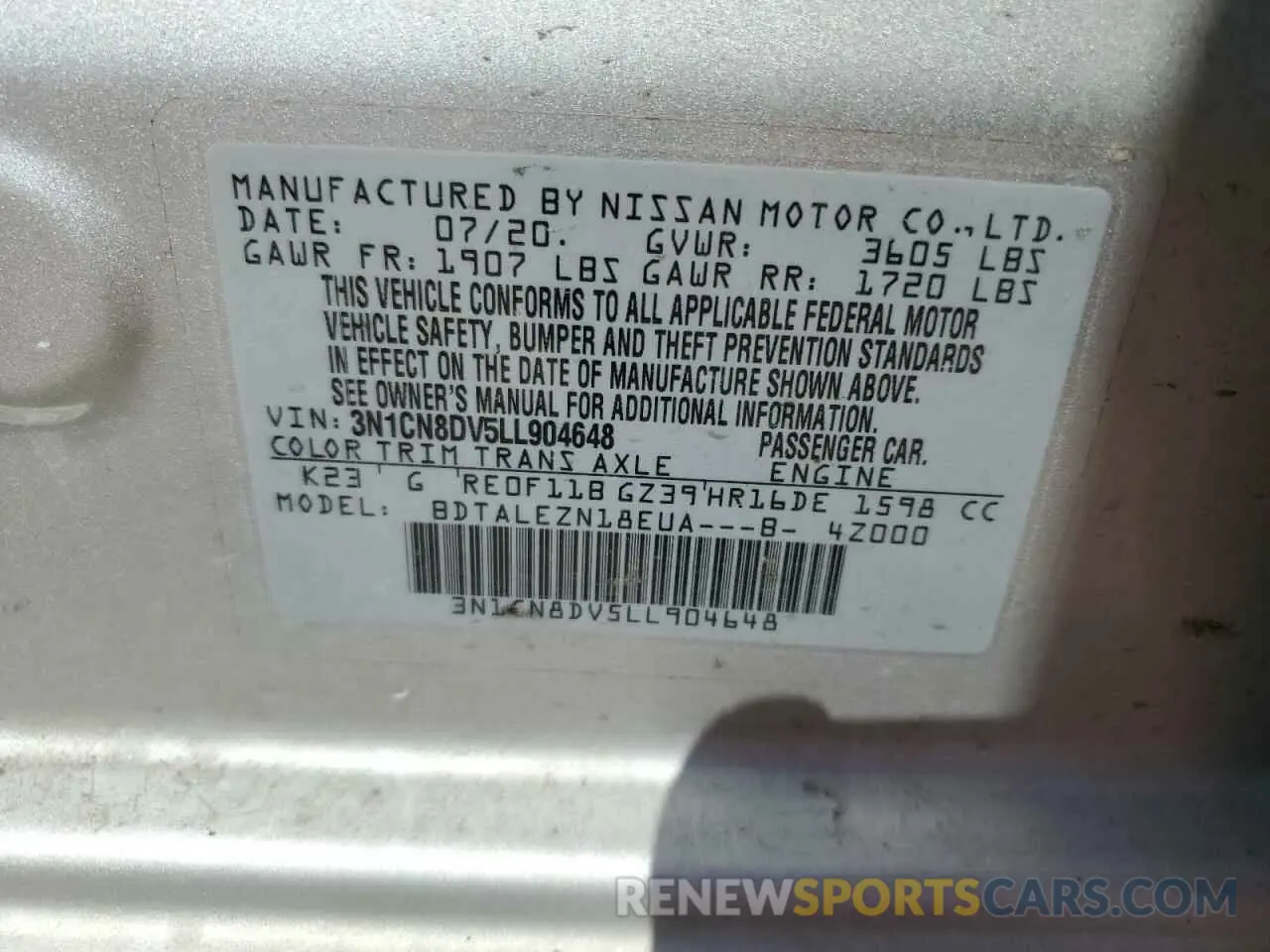12 Photograph of a damaged car 3N1CN8DV5LL904648 NISSAN VERSA 2020