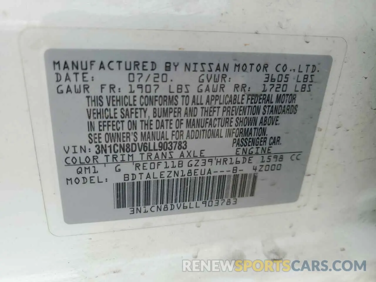 14 Photograph of a damaged car 3N1CN8DV6LL903783 NISSAN VERSA 2020