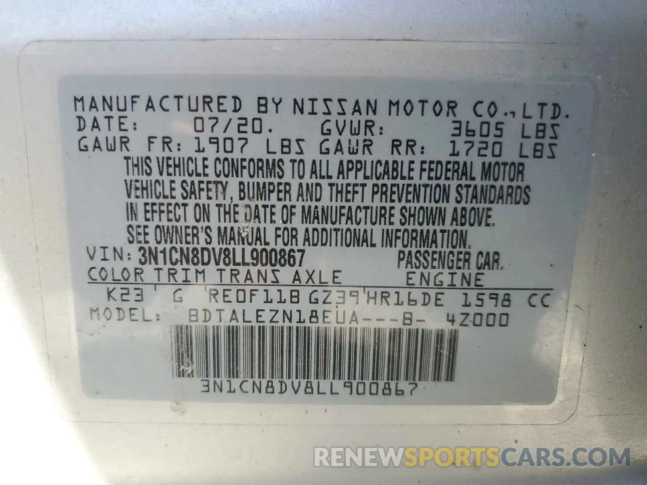 12 Photograph of a damaged car 3N1CN8DV8LL900867 NISSAN VERSA 2020