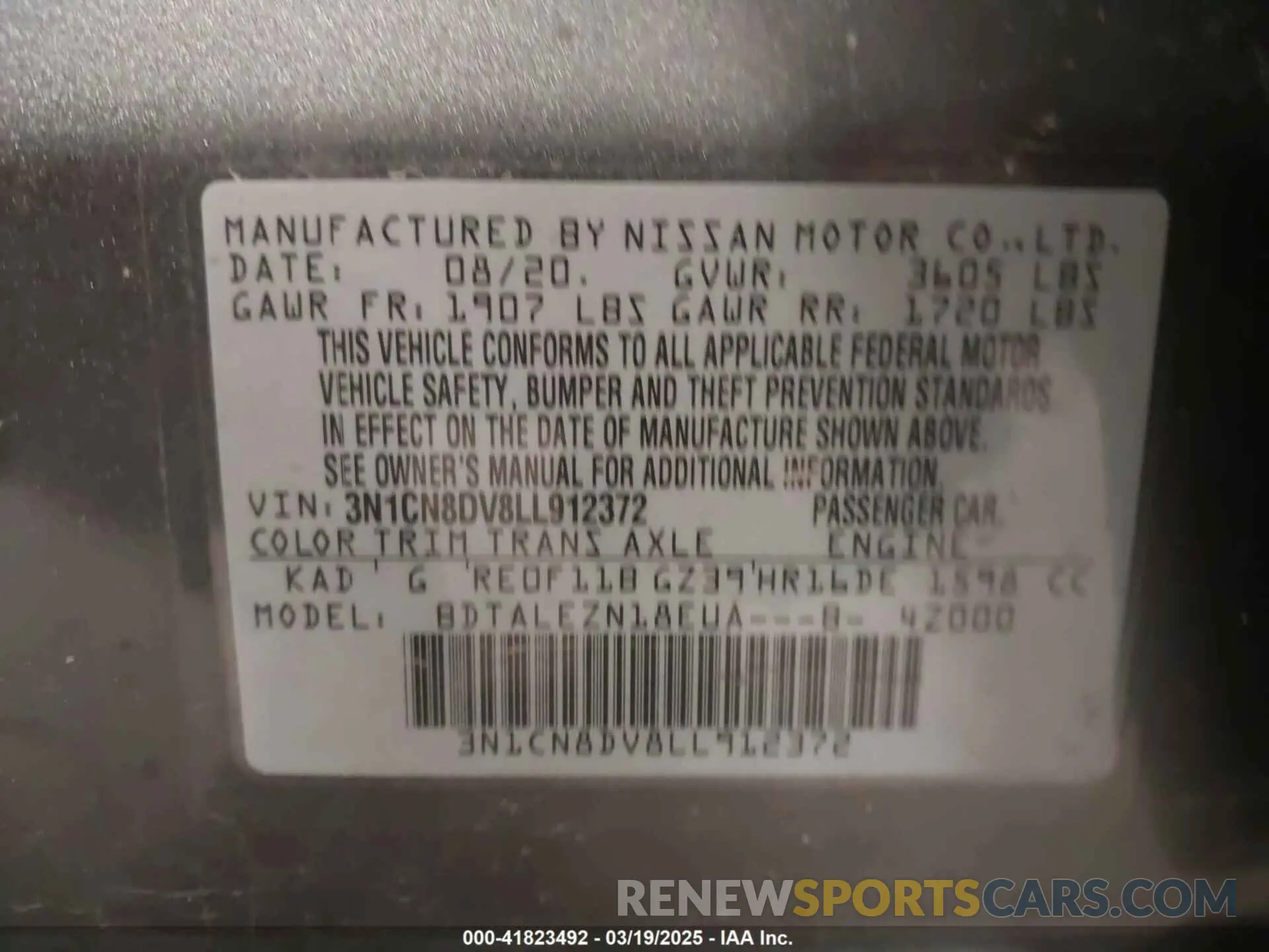 9 Photograph of a damaged car 3N1CN8DV8LL912372 NISSAN VERSA 2020