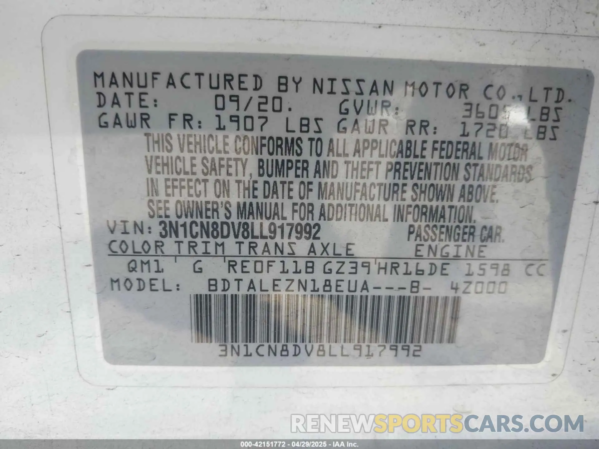 9 Photograph of a damaged car 3N1CN8DV8LL917992 NISSAN VERSA 2020