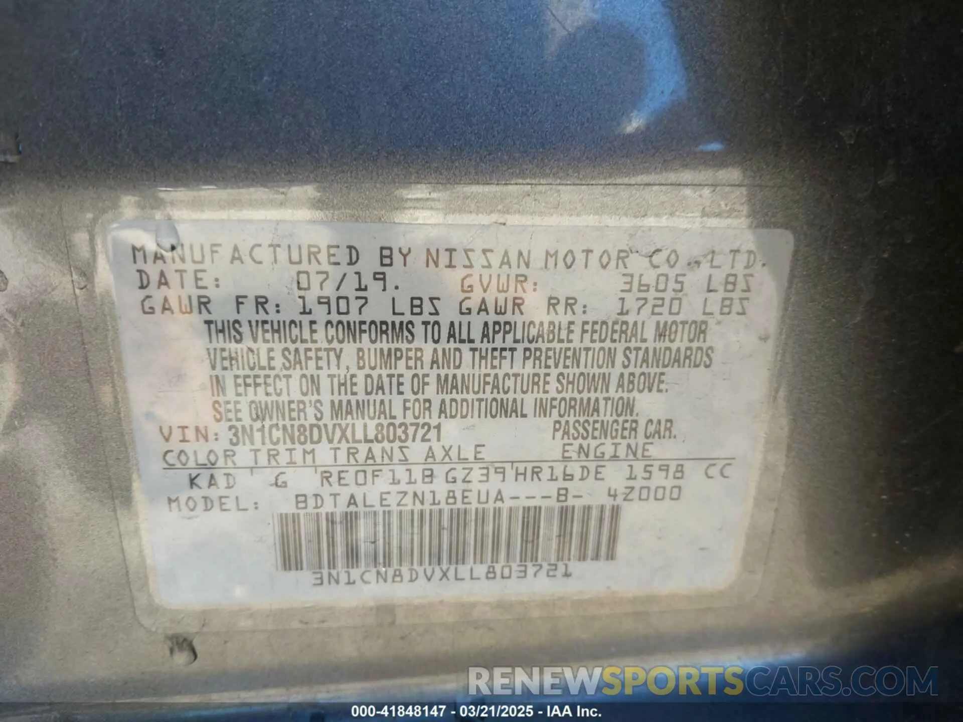 9 Photograph of a damaged car 3N1CN8DVXLL803721 NISSAN VERSA 2020