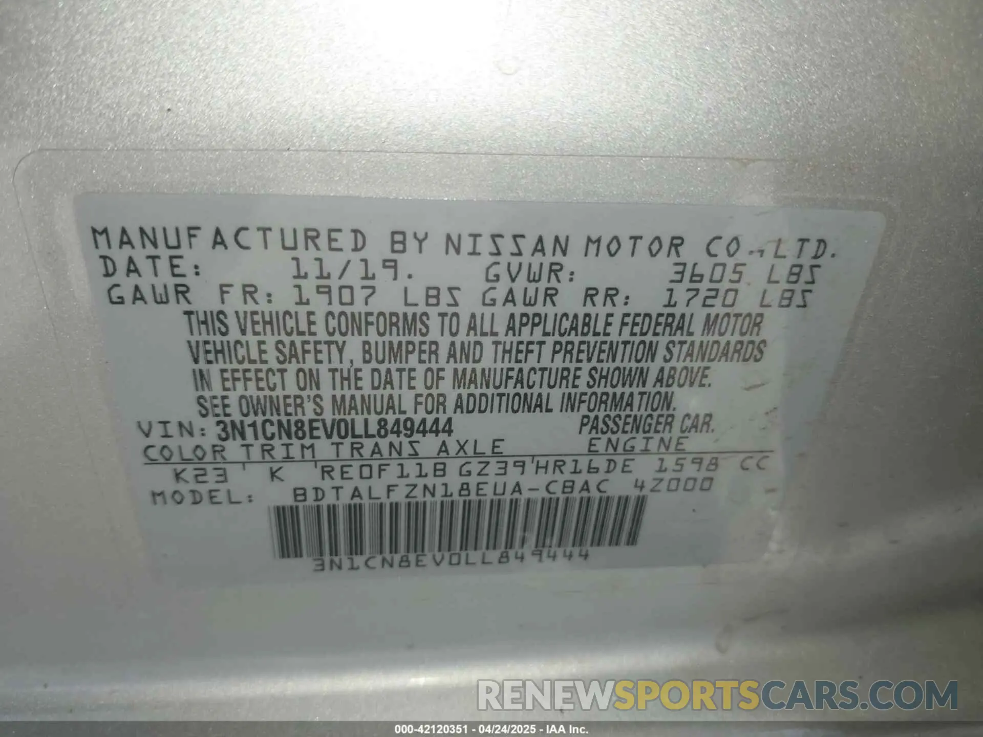 9 Photograph of a damaged car 3N1CN8EV0LL849444 NISSAN VERSA 2020