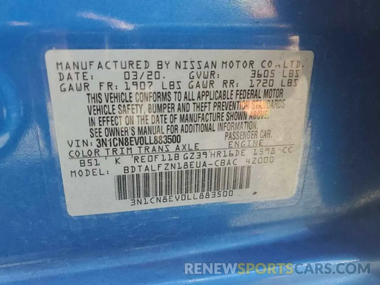 12 Photograph of a damaged car 3N1CN8EV0LL883500 NISSAN VERSA 2020