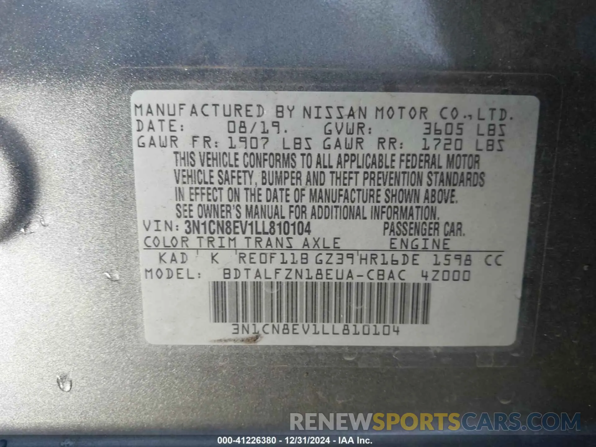 9 Photograph of a damaged car 3N1CN8EV1LL810104 NISSAN VERSA 2020