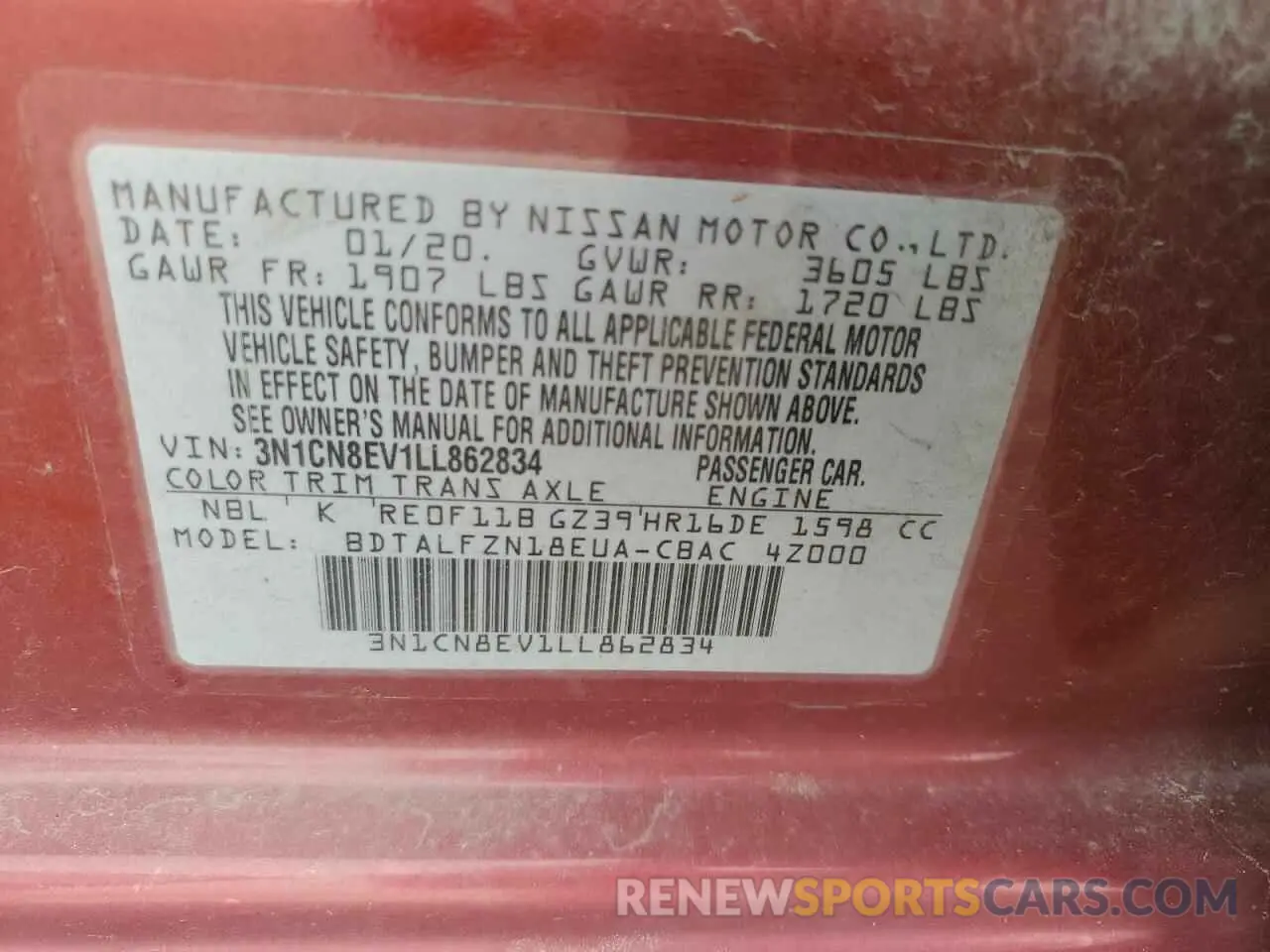 12 Photograph of a damaged car 3N1CN8EV1LL862834 NISSAN VERSA 2020