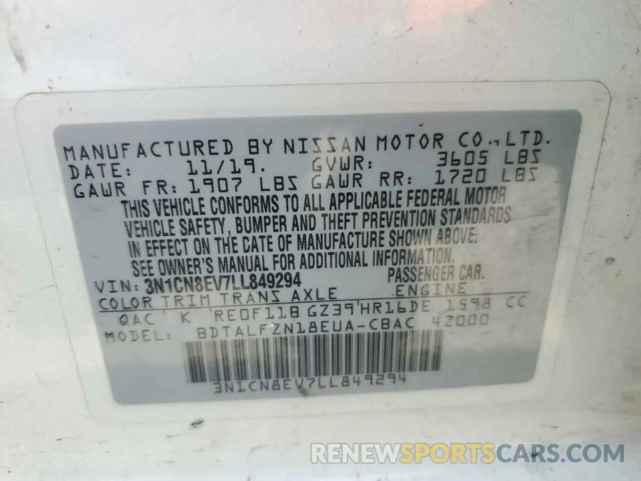13 Photograph of a damaged car 3N1CN8EV7LL849294 NISSAN VERSA 2020