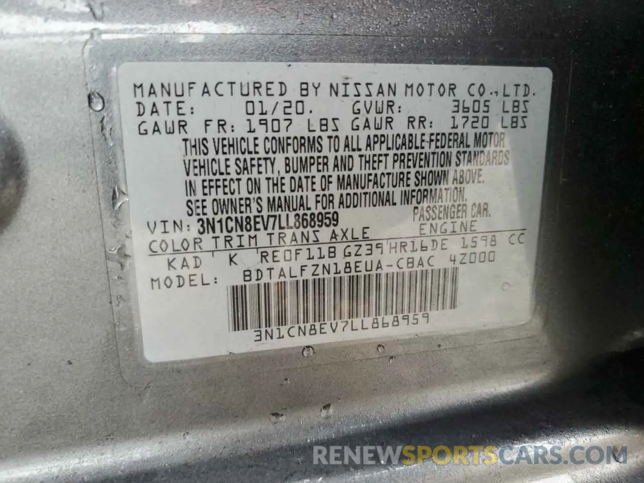 13 Photograph of a damaged car 3N1CN8EV7LL868959 NISSAN VERSA 2020