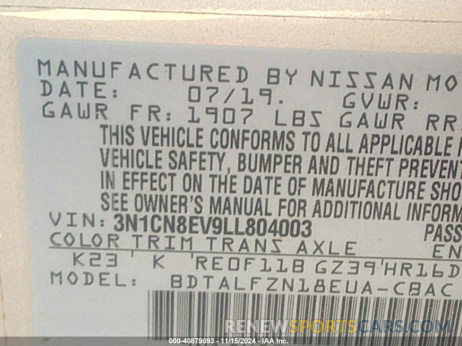 9 Photograph of a damaged car 3N1CN8EV9LL804003 NISSAN VERSA 2020