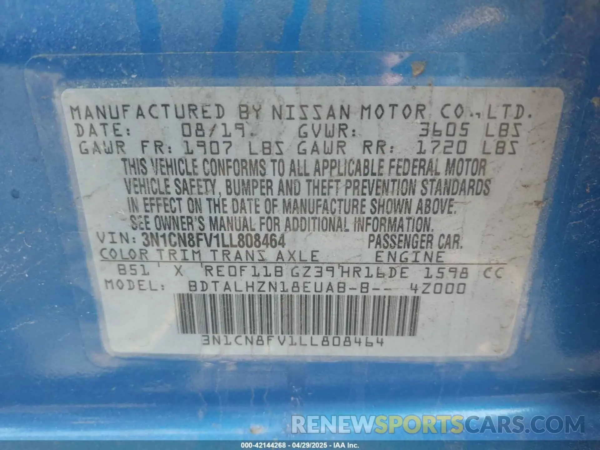 9 Photograph of a damaged car 3N1CN8FV1LL808464 NISSAN VERSA 2020