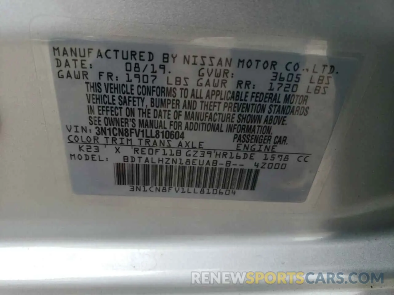 12 Photograph of a damaged car 3N1CN8FV1LL810604 NISSAN VERSA 2020