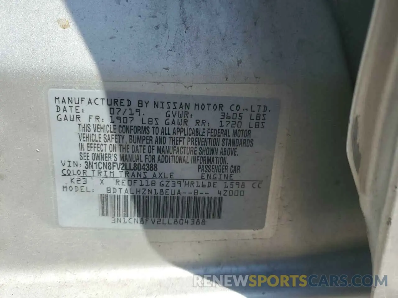 14 Photograph of a damaged car 3N1CN8FV2LL804388 NISSAN VERSA 2020