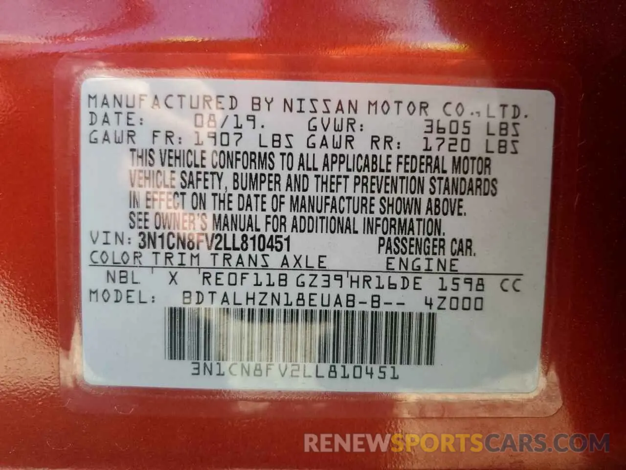 13 Photograph of a damaged car 3N1CN8FV2LL810451 NISSAN VERSA 2020