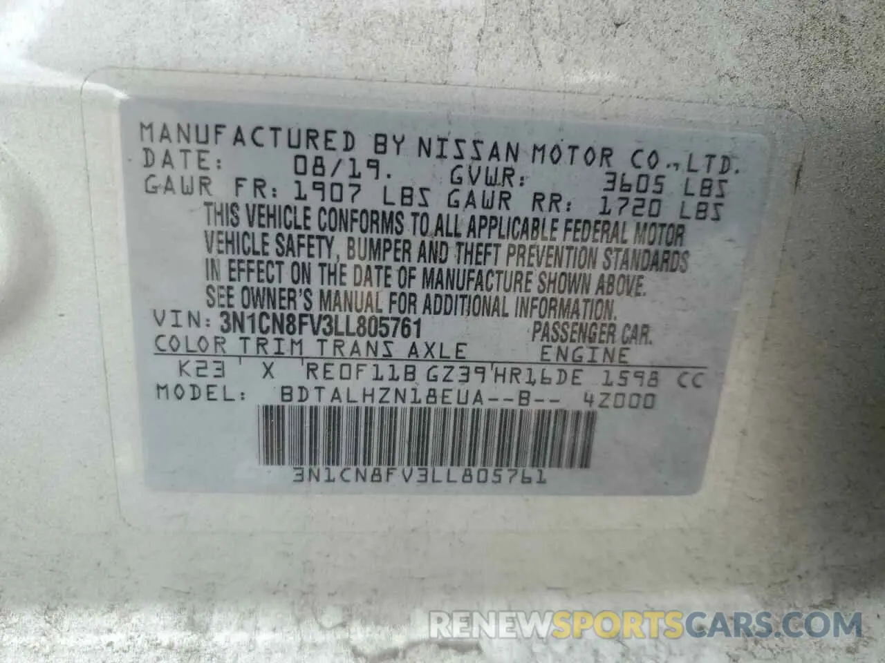 14 Photograph of a damaged car 3N1CN8FV3LL805761 NISSAN VERSA 2020