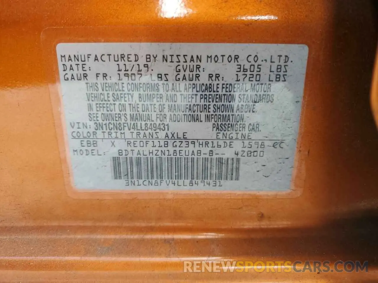 13 Photograph of a damaged car 3N1CN8FV4LL849431 NISSAN VERSA 2020