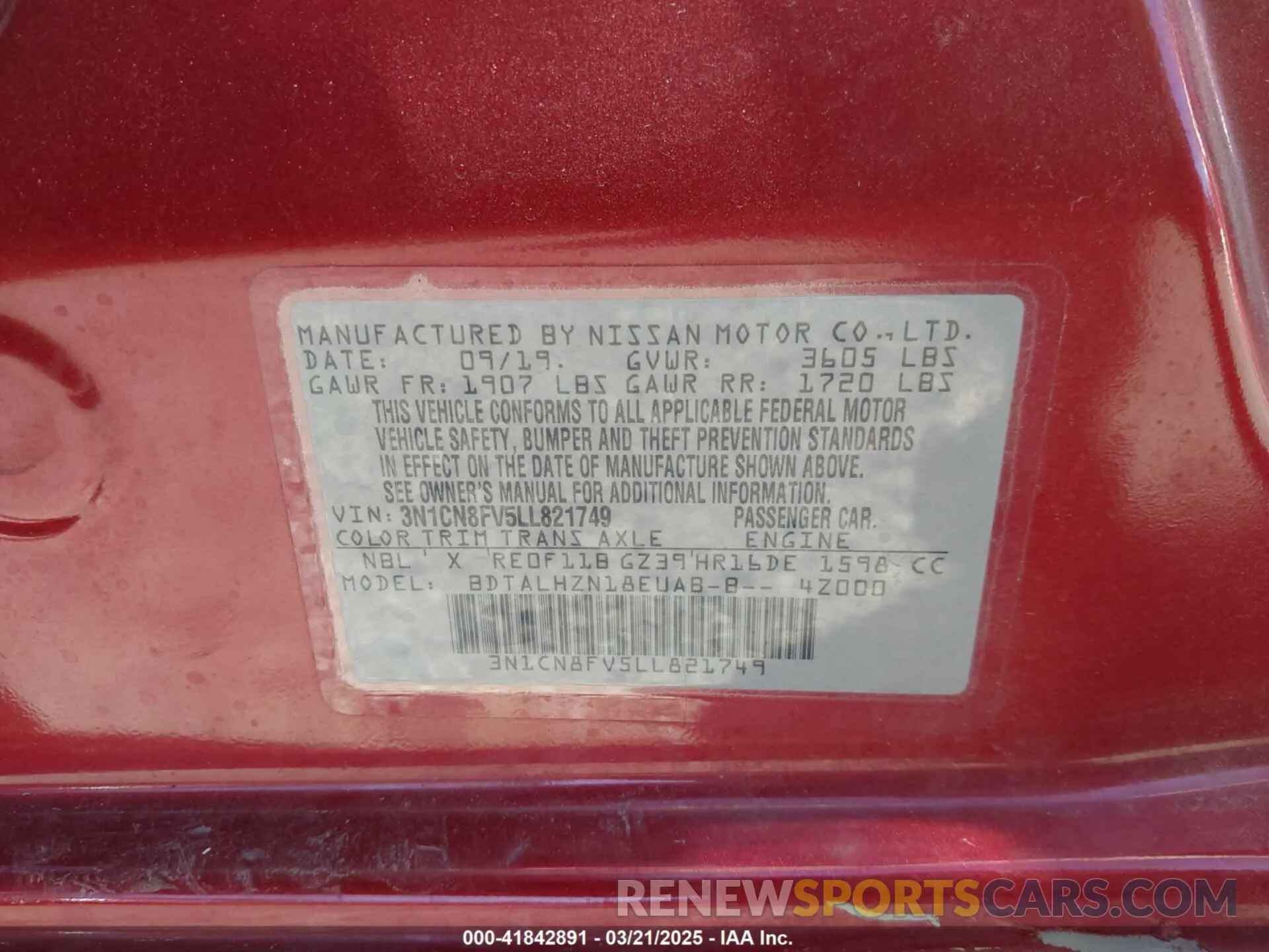 9 Photograph of a damaged car 3N1CN8FV5LL821749 NISSAN VERSA 2020