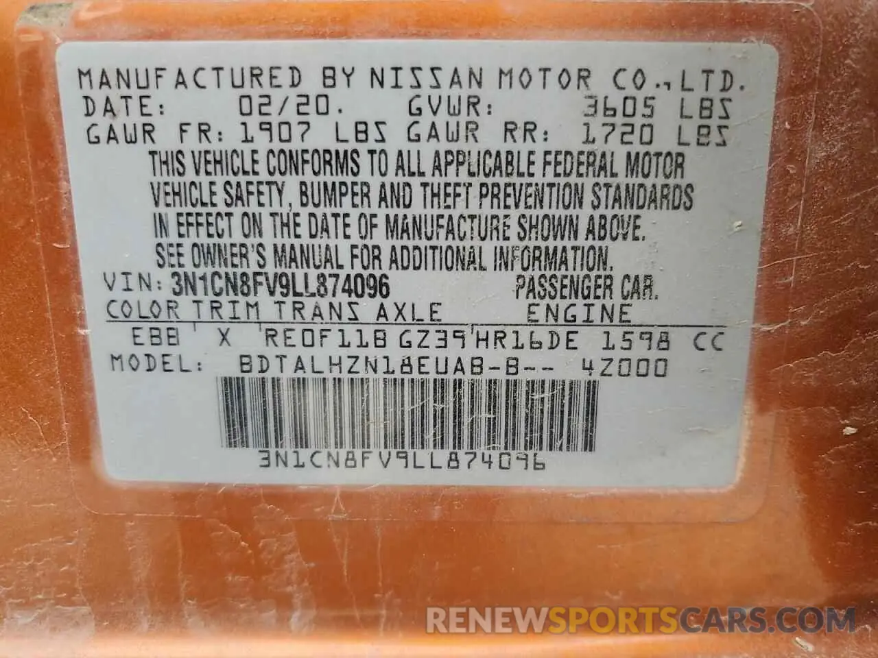 13 Photograph of a damaged car 3N1CN8FV9LL874096 NISSAN VERSA 2020