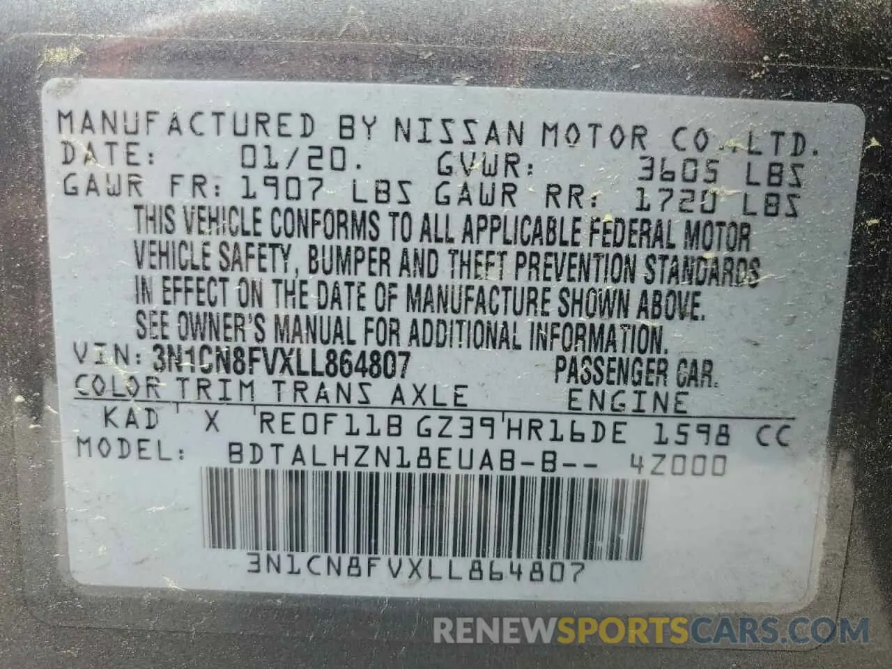 12 Photograph of a damaged car 3N1CN8FVXLL864807 NISSAN VERSA 2020